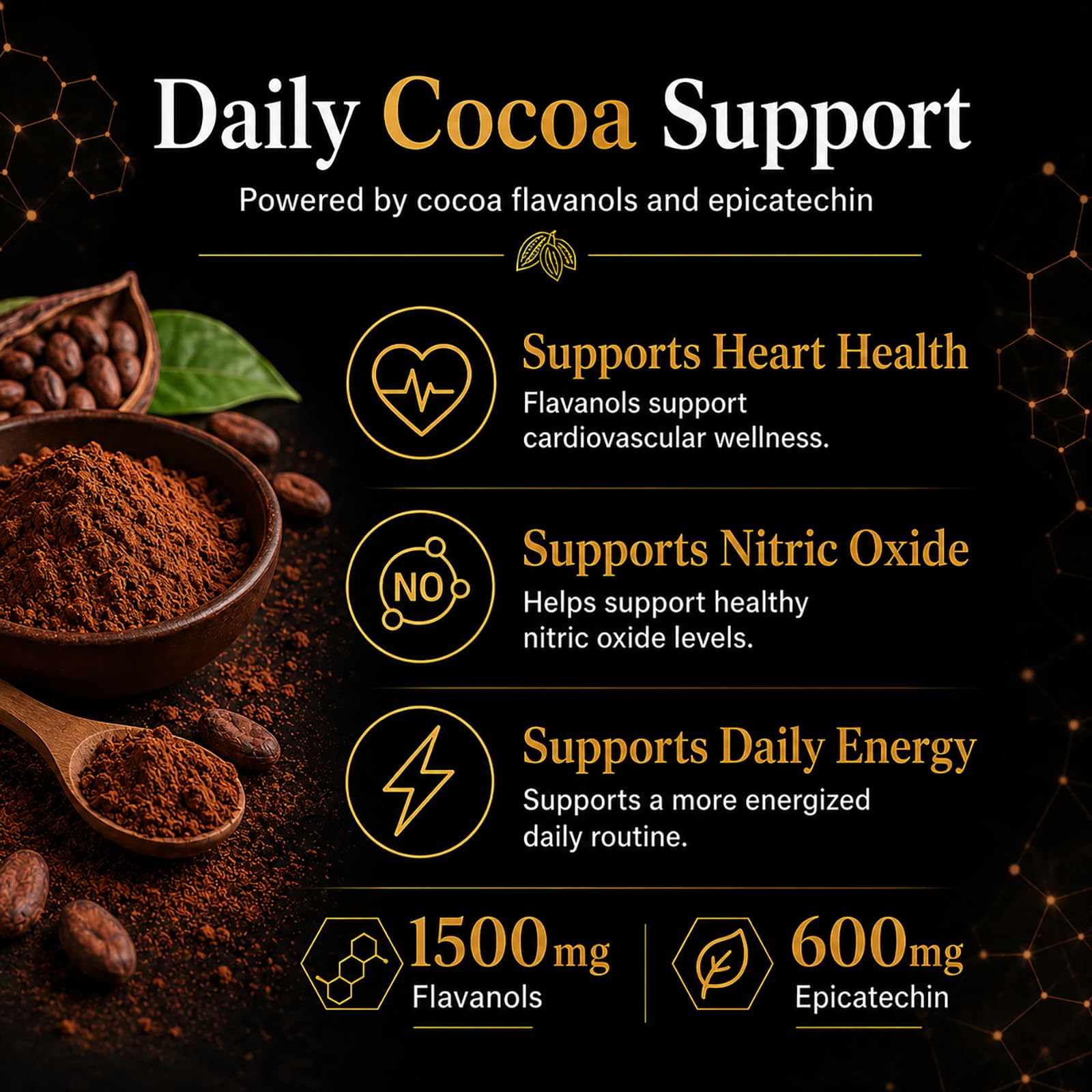 High Flavanol Cocoa Powder, 1500 mg Flavanols & 10X Concentrated Cocoa Extract with 600mg Epicatechin, Supports Heart Health, Nitric Oxide & Energy – Used To Relieve Afternoon Fatigue — Amazon image 5