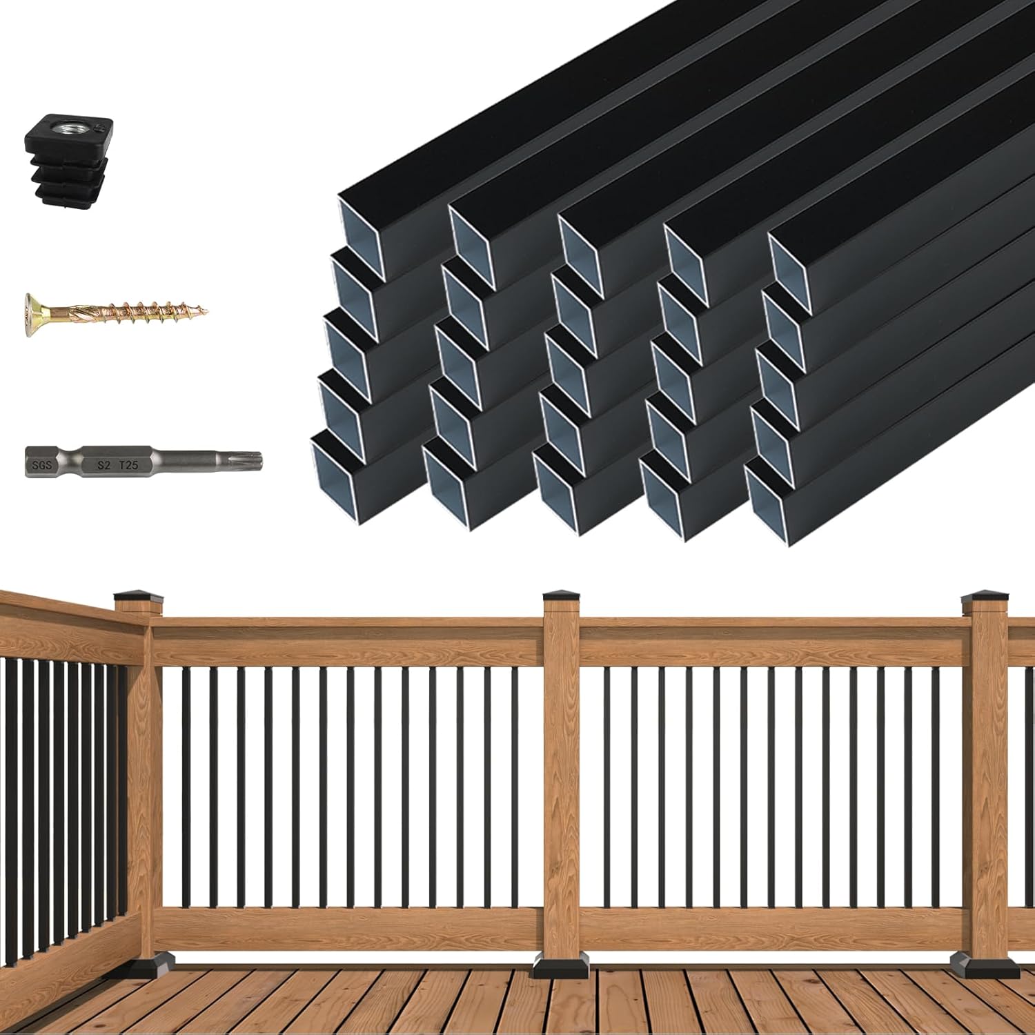 Muzata 25Pack 32" x3/4" Aluminum Deck Balusters Square Baluster Deck Railing Black Hollow Spindles with Screws for Railing Fencing Porch WT26 32'' 25