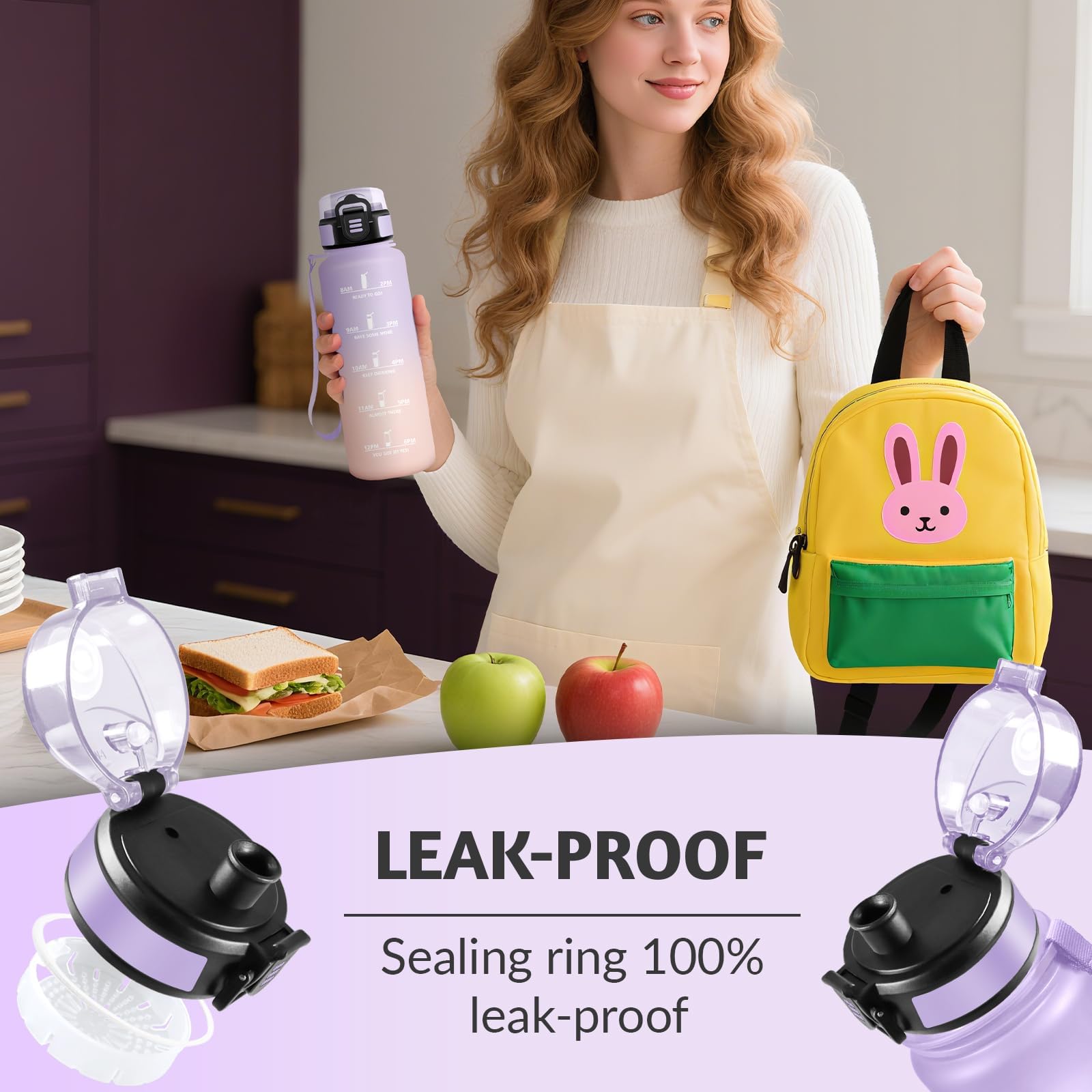 Borraccia 1500 ml, Prova di Perdite, Borraccia Motivazionale, Sportiva Tempo, Borraccia Sportiva Lavanda chiara & Rosa chiaro