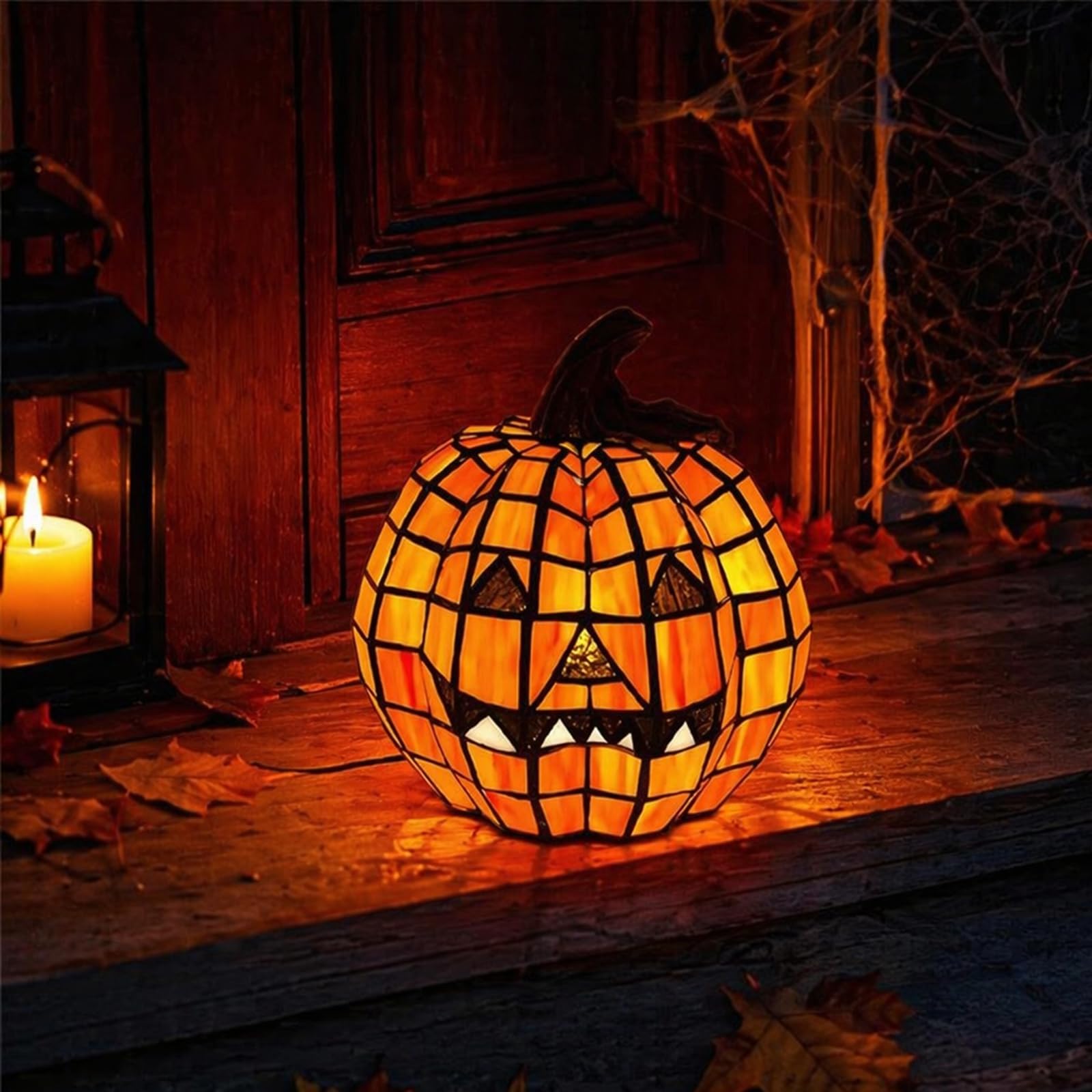Halloween Stained Glass Pumpkin Lamp, Jack-O-Lantern Stained Glass Light