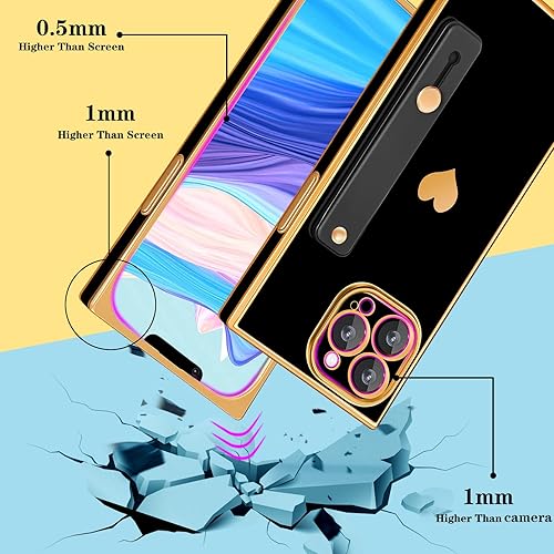 Miniatura 4 de Petitian Funda cuadrada para iPhone 12 Pro Max con soporte y correa Loopy, fundas de lujo para mujeres y niñas, diseño electrochapado en corazón,