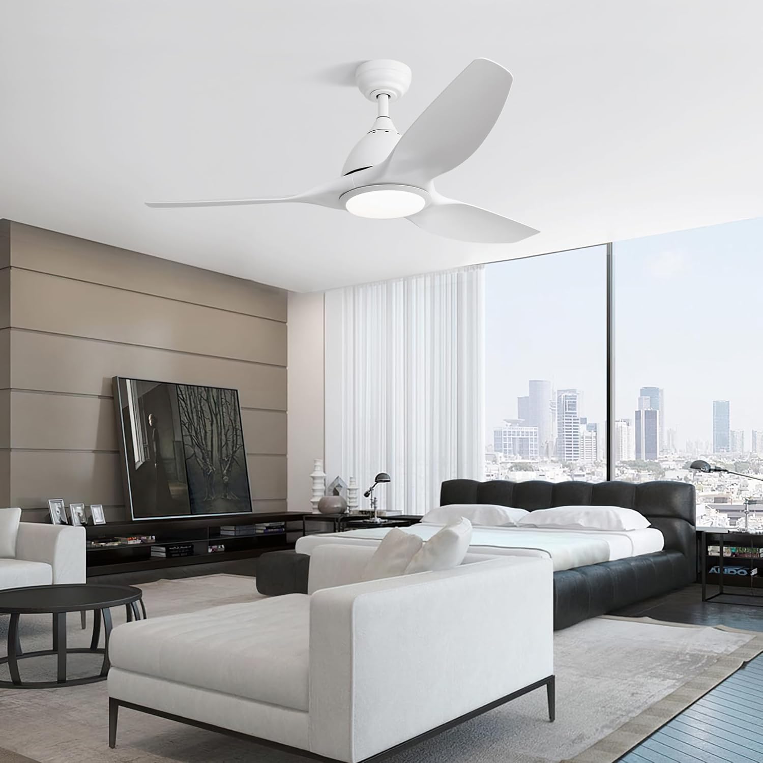 52 Inch Ceiling Fan with Light and 6-Speed Remote Control 3 ABS Fan Blades White for Bedroom Patio, Weather-Resistant, Versatile Use