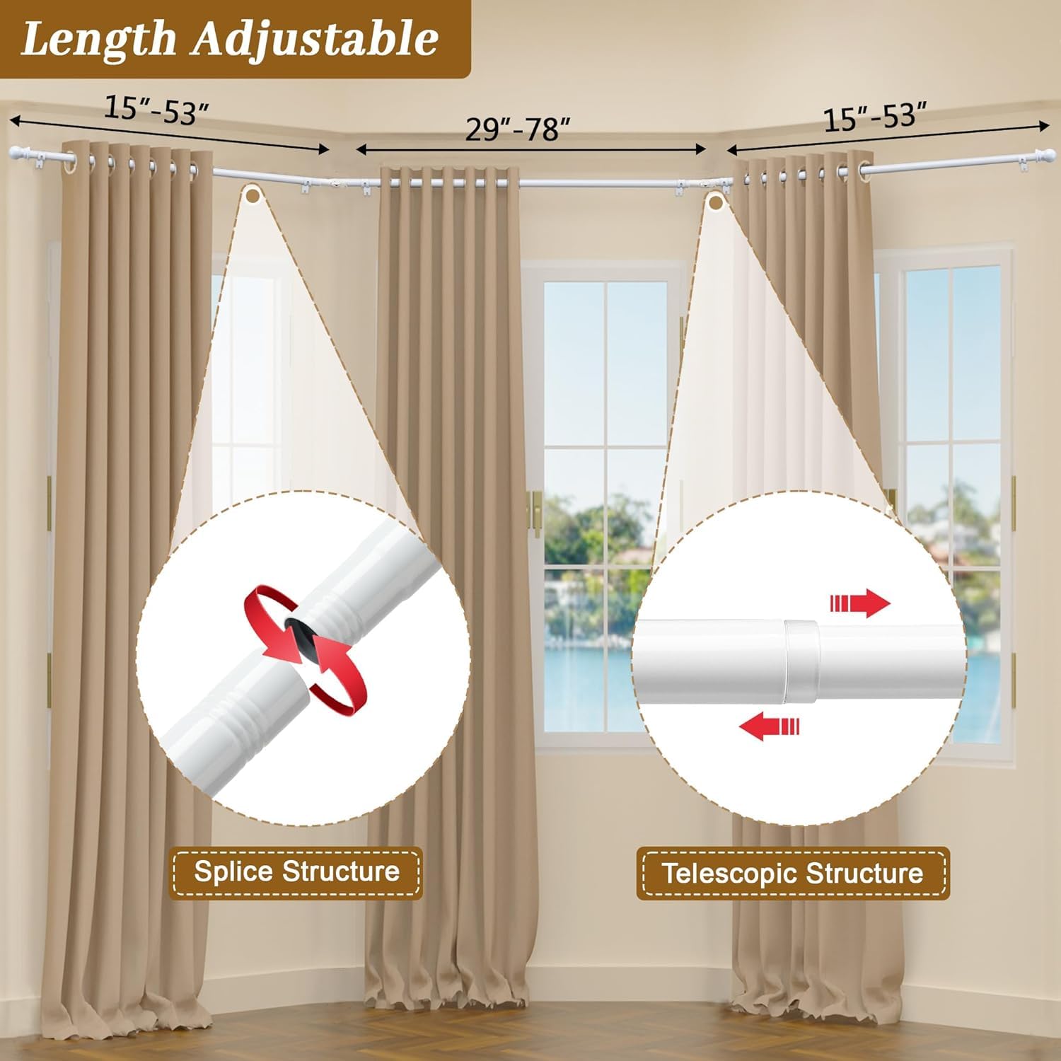 Bay Window Curtain Poles, 76-460 cm Corner Curtain Pole Set - Image 3