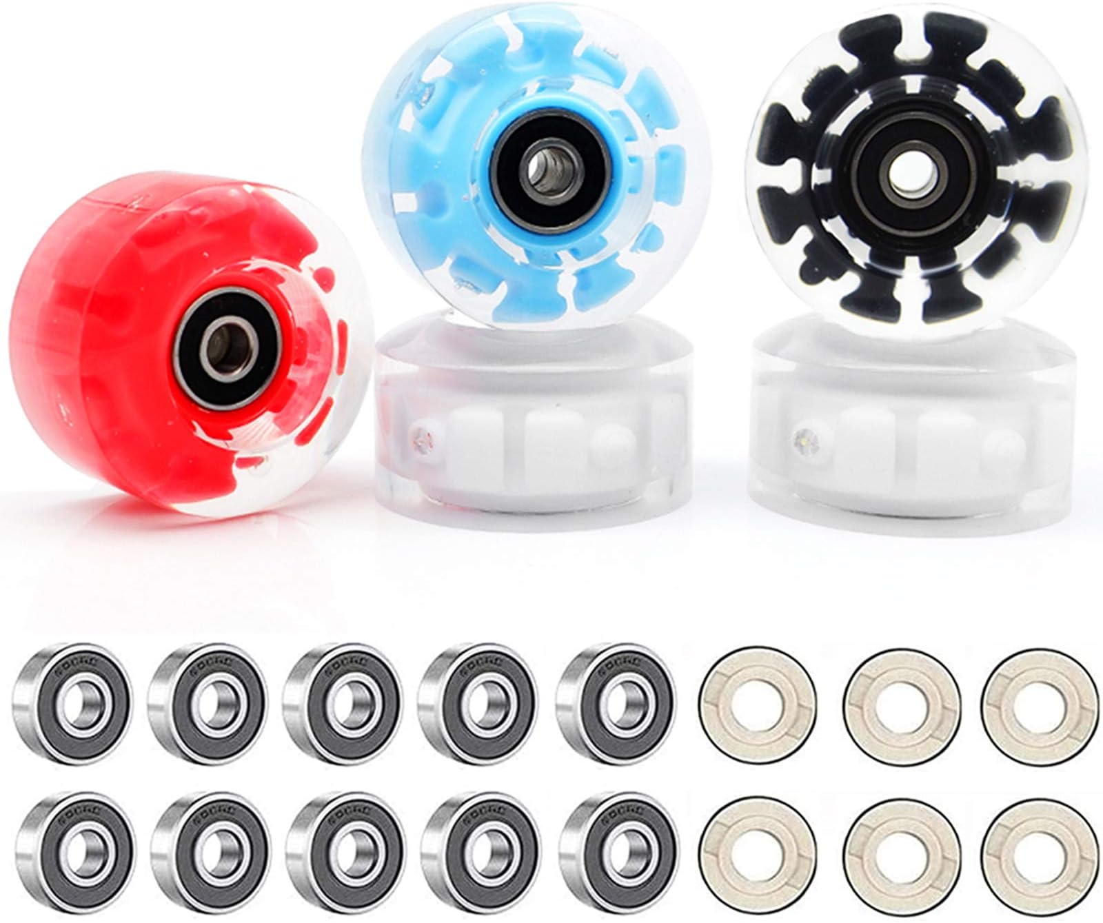 VAKA Luminous Light Up Quad Roller Skate Wheels with BankRoll Bearings Installed 4 Pack - Pop Quad Roller Skate Wheels 32mm x 58mm