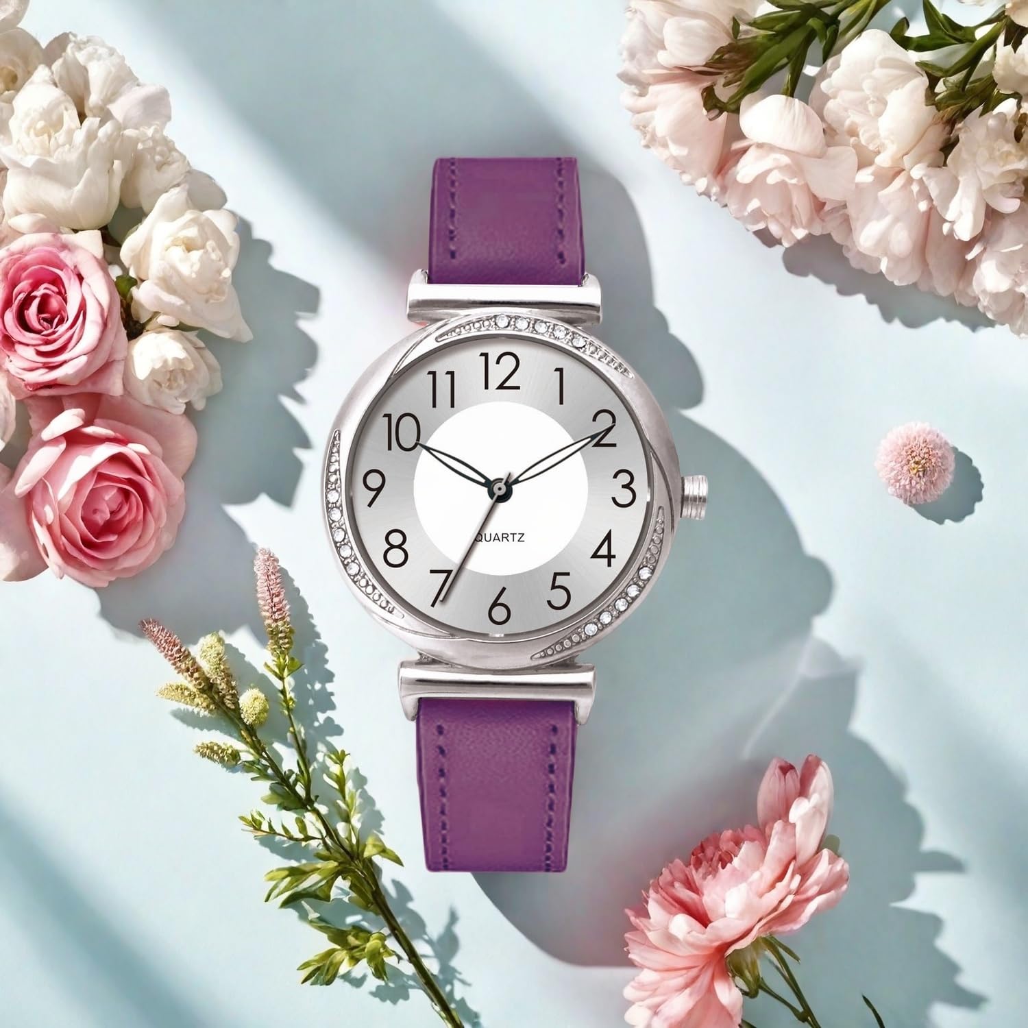 NUOVO Reloj de pulsera para mujer, esfera plateada, correa de cuero, reloj clásico de negocios simple, informal, de cuarzo, vestido