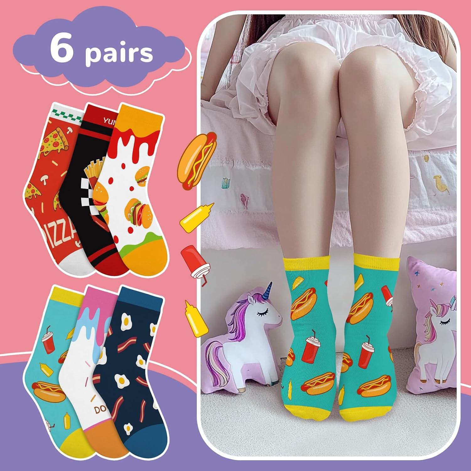 Kids Boys Girls Socks Food Sloth Dinosaur Bee Monkey Funny Animal Printed Crew Ankle 6 Pairs 1-14Y Birthday Gift