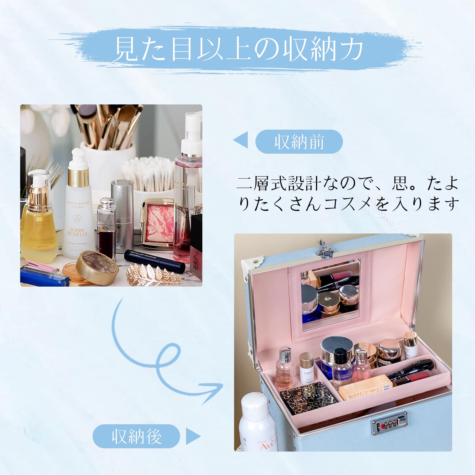urecity メイクボックス コスメ収納 化粧品収納ボックス メイク収納ケース 鏡付き 大容量 コスメボックス 出張 旅行 持ち運び 大容量 - 5