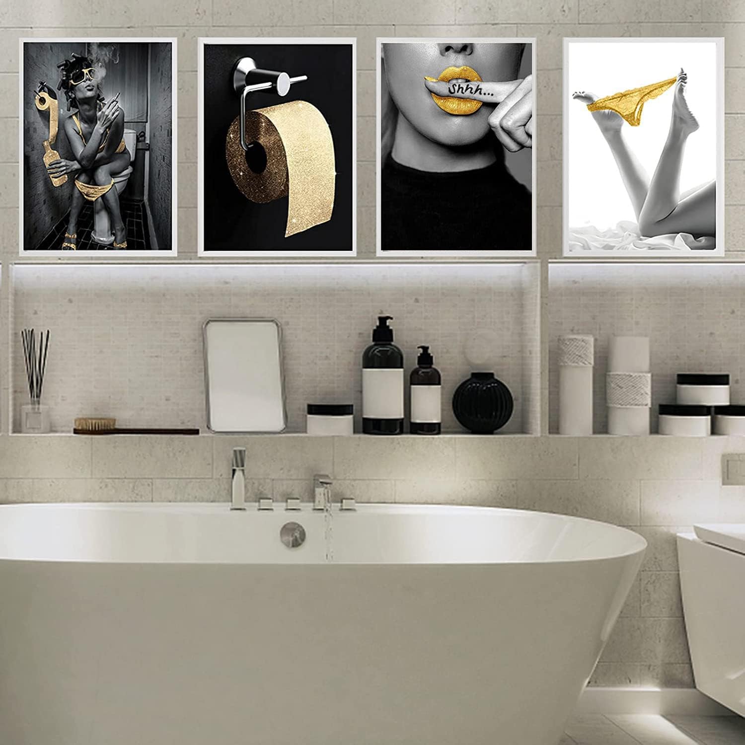 UGZDEA Modern Bathroom Canvas Pictures, Set of 4 Black and White Canvas ...
