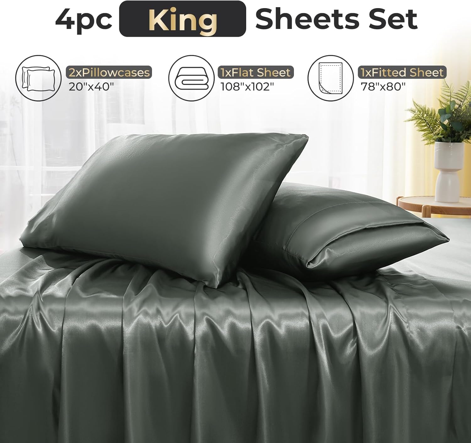 Sasttie Satin Sheets King - 4 Pieces Luxury Soft Dark Grey Silky Bed Sheets Set with Pillowcases - Smooth Silk-Like Satin Fabric, Reinforced 14 Inches Pocket, Oeko-Tex Certified