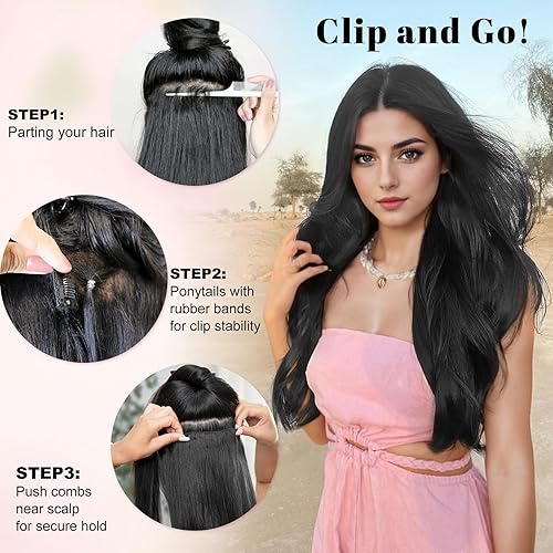 Miniatura 2 de ALXNAN Extensiones de cabello con pinzas, 7 unidades, extensiones de cabello grueso y largo en capas, extensiones de cabello negro de 20 pulgadas,