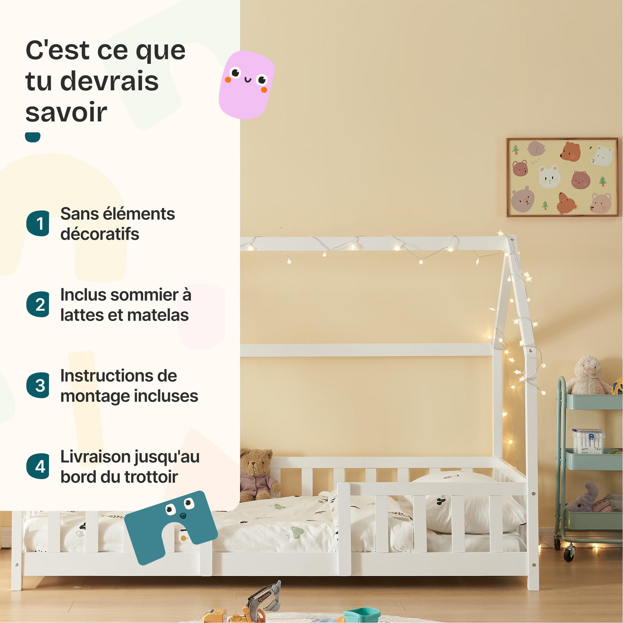 [en.casa] Lit Cabane avec Matelas à Mousse Froide Anti-Allergique Lit Enfant en Forme de Maison avec Sommier à Lattes Barrière de Sécurité Bois de Pin Contreplaqué 90 x 200 cm Blanc