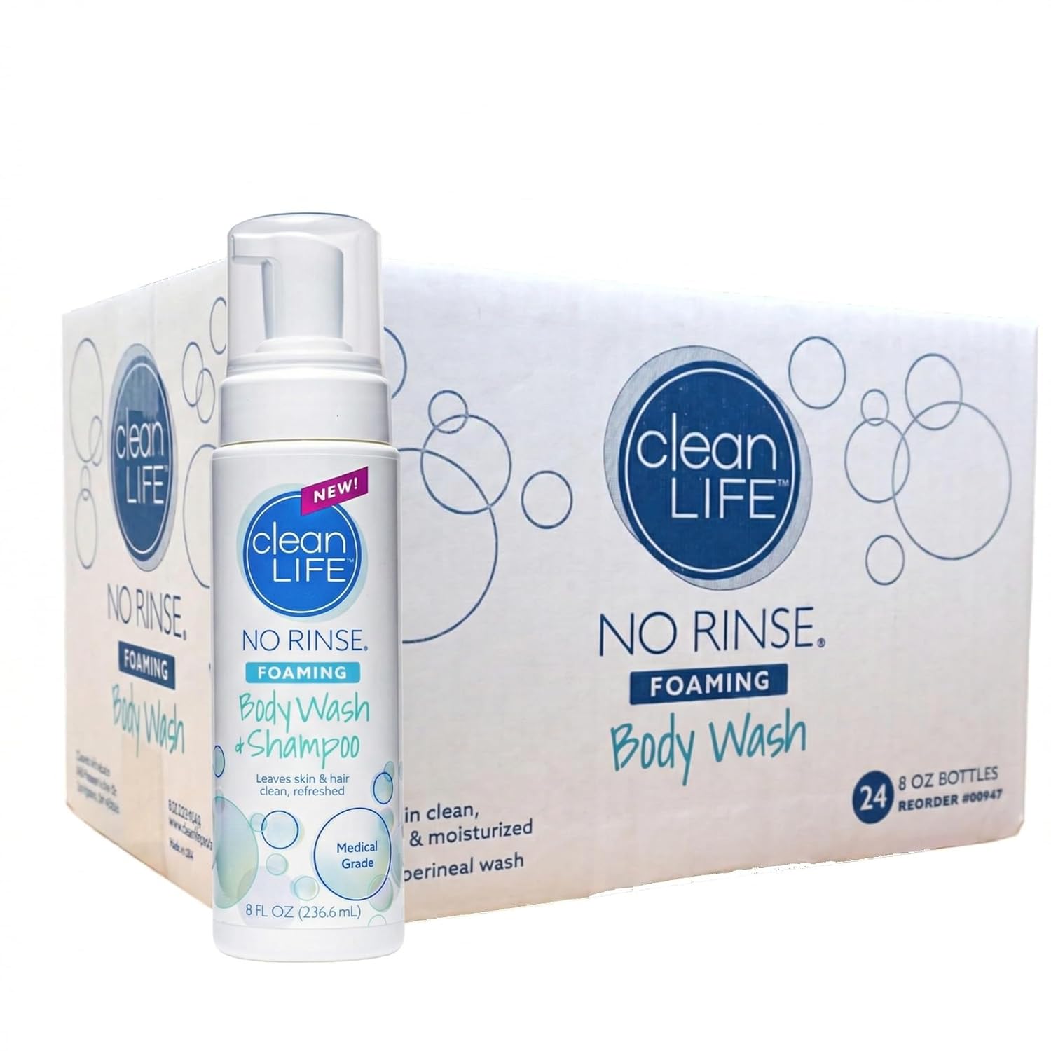 No-Rinse Foaming Body Wash, 8 fl oz (Pack of 24): Waterless, Rinse Free Foam Cleanser Leaves Skin Clean and Moisturized - Effective Perineal Wash Providing Cleansing Foam for Elderly, Adults, Camping