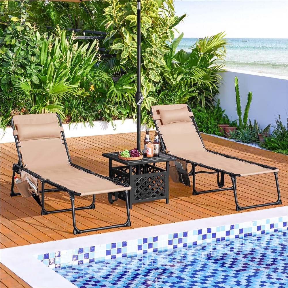 Yaheetech Sonnenliege Klappbar mit 5-Fach Verstellbarer Rückenlehne, Beige | 189x57x38cm, Stabil & Tragbar Strandliege Gartenliege Campingbett mit Kissen & Seitentasche bis 120kg für Outdoor