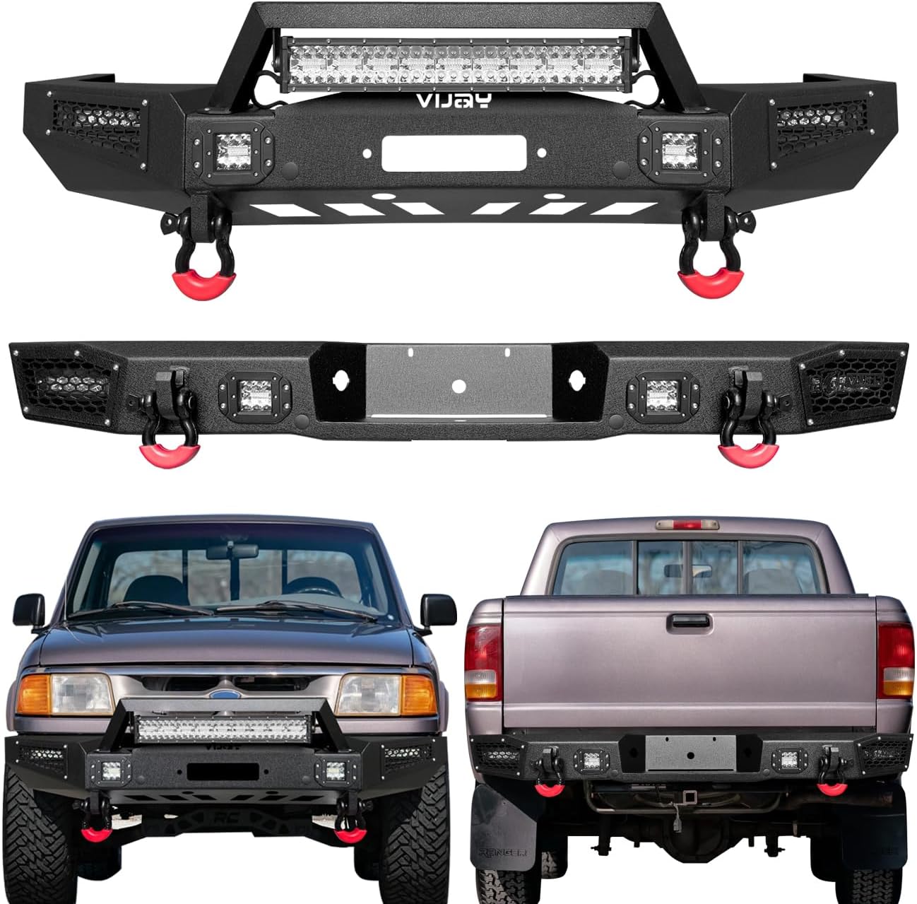 VIJAY Front and Rear Bumper Fits 1993-1997 Ford Ranger (Only Fits Stepped Bumper) with Winch Plate and Lights