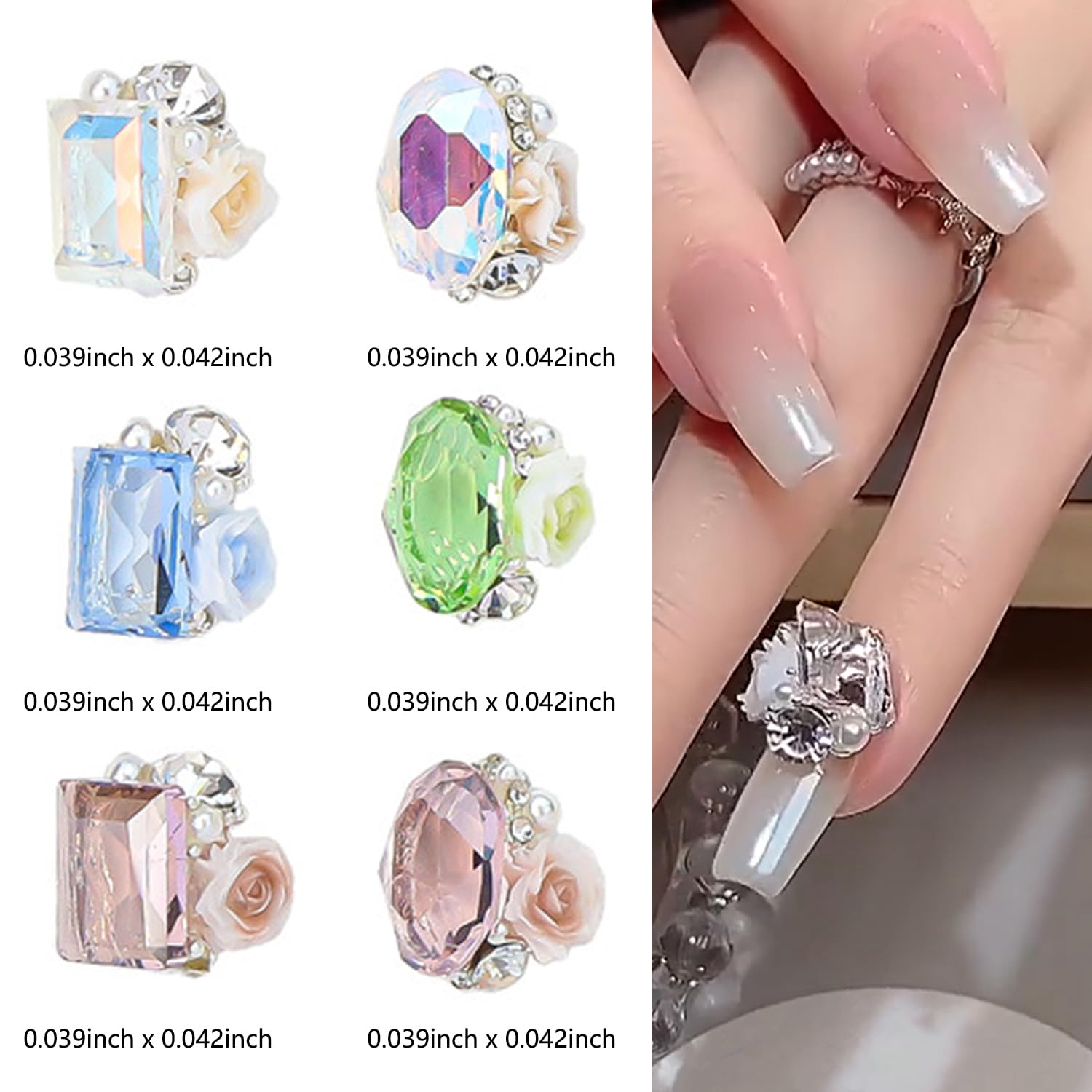 WOKOTO 12Pcs Pre-Designed Nail Art Jewelry 3D Nail Charms Crystals for Acrylic Nails Big Oval and Rectangle Nail Art Crystals Charms Gems Embeded Rose Flower Nail Art Charms and Gems Rhinestones
