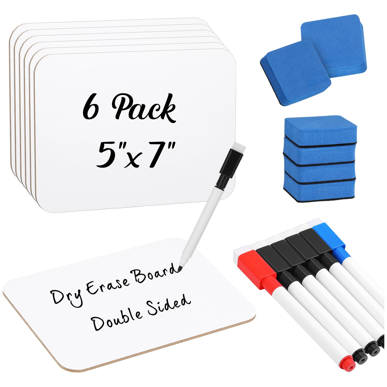 Affrolling 6 Sets Small Whiteboard Dry Erase Boards 5" x7'' Mini Double Sided Dry Erase Lap Boards with Markers Erasers Pen Holders Personal