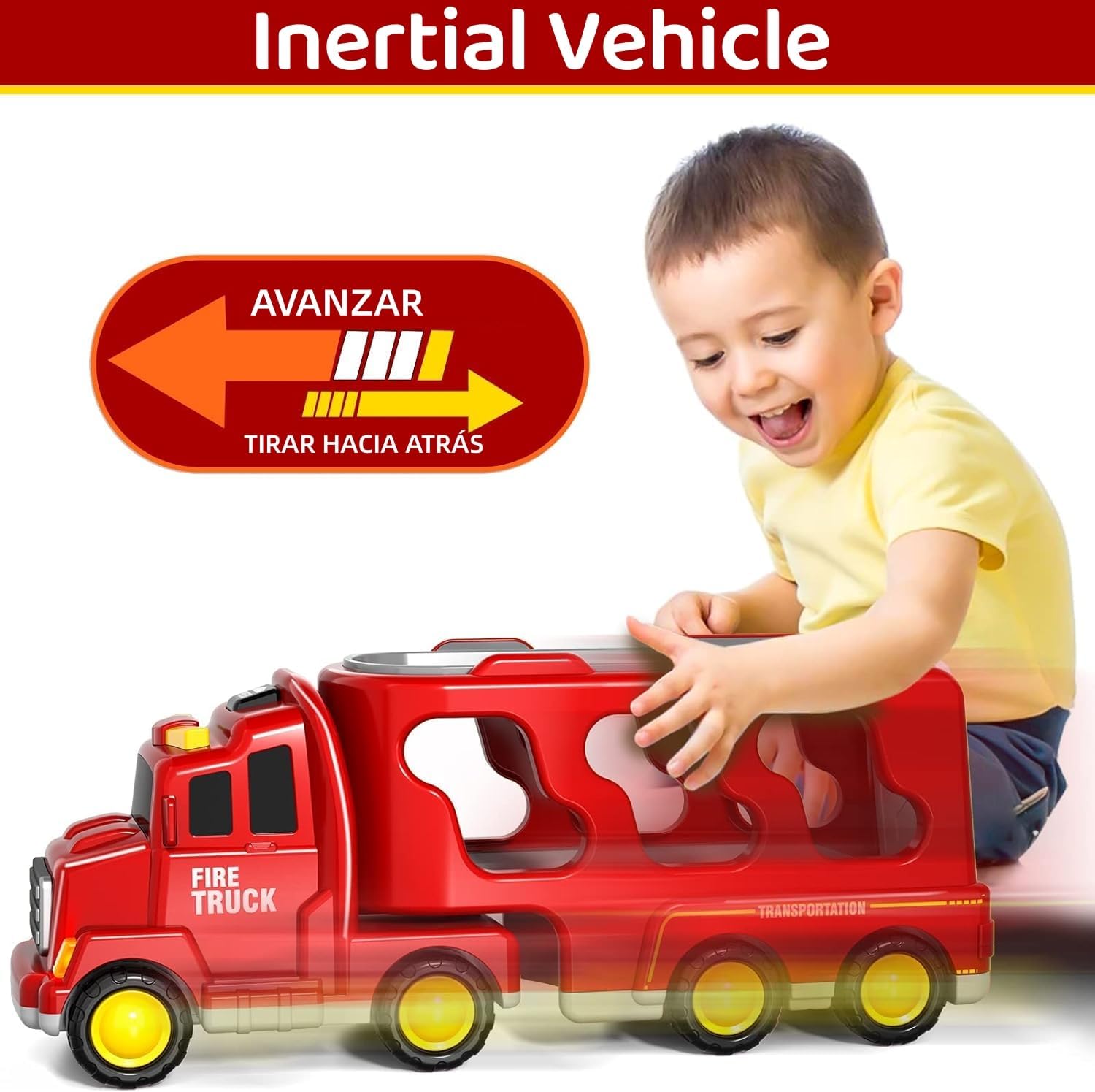 Divertido Juguete: Diseñado para los pequeños entusiastas de los bomberos, incluye un gran vehículo de transporte de dos pisos y 3 vehículos pequeños (camión de rescate contra incendios, camión con escalera y camión rociador), así como un pequeño helicóptero. Haz que tu pequeño héroe se sienta como si estuviera en una misión de rescate de emergencia. Adecuado para niños y niñas a partir de 3 años, capta la atención de tu hijo y ejercita la coordinación ojo-mano.
Materiales de Alta Calidad: los camiones de juguete para niños están hechos de plástico ABS seguro y de alta calidad, y los contornos de cada vehículo de juguete están diseñados para ser muy suaves y sin rebabas, lo que lo hace muy cómodo para que los niños jueguen sin preocuparse por rascarse las manos o el piso. El tamaño perfecto para las manitas de los niños.
Diseño de Energía Cinética Inercial: Este transportador adopta un diseño de energía cinética inercial. Tire del automóvil hacia atrás y luego suéltelo, y funcionarán solos. Incluso sin batería, pueden avanzar por inercia. Muy adecuado para que jueguen los niños.
Luces y sonidos: Al presionar el botón en la parte superior del auto, los niños pueden escuchar música alegre y ver luces brillantes que atraen su atención y despiertan su emoción. Cada vez que presiones el botón, la música del auto de juguete durará unos 8 segundos, por lo que no tendrás que preocuparte por causar ruido prolongado. Las funciones de luz y música requieren la instalación de 2 pilas AA (no incluidas).