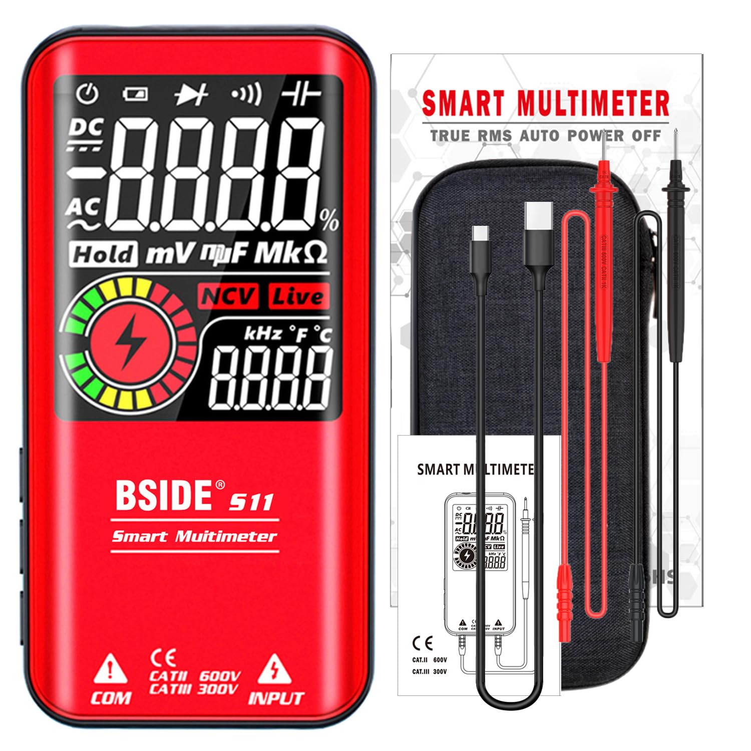 Contents of the BSIDE S11 Red Digital Multimeter package