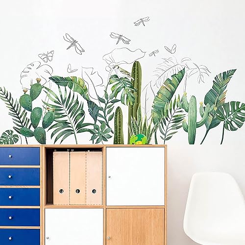 Miniatura 6 de Calcomanías de pared de hojas tropicales, palmeras verdes extraíbles, plantas de árbol, cactus, calcomanías de pared para sala de estar, habitación
