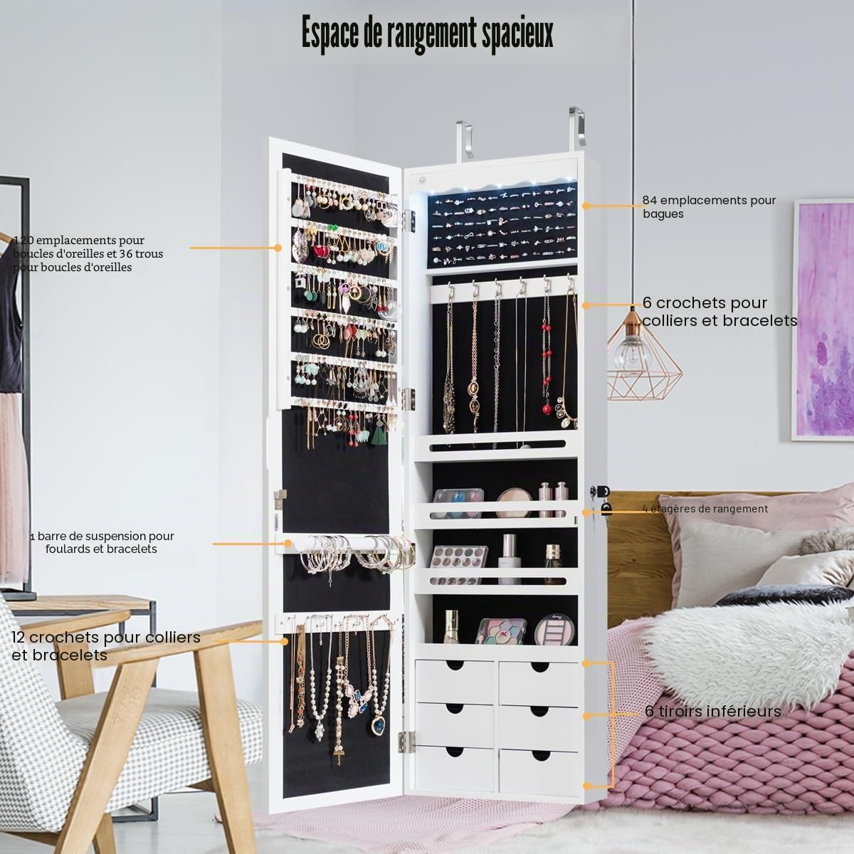 HOMASIS Armoire à bijoux avec éclairage LED, armoire à bijoux avec 6 tiroirs et miroir, armoire à bijoux pour montage mural et porte, verrouillable, 36,5 x 11,5 x 120 cm
