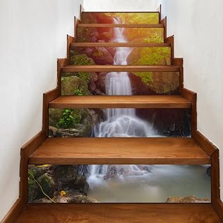 AILEGOU 3D Stair Stickers - Removable Tile Decals for Stair Risers - Peel and Stick, Waterfall Design, 39.3Inch x 7.08Inch x 6Pcs