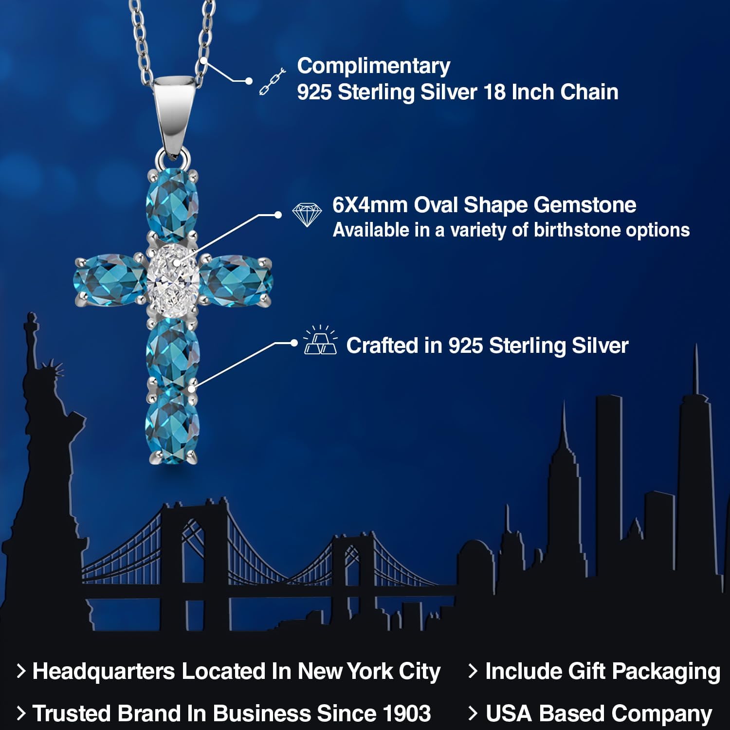 Gem Stone King 925 Sterling Silver London Blue Topaz and Lab Grown Diamond Cross Pendant Necklace for Women | 3.40 Cttw | Gemstone November Birthstone | Oval 6X4MM | With 18 Inch Chain - Image 2
