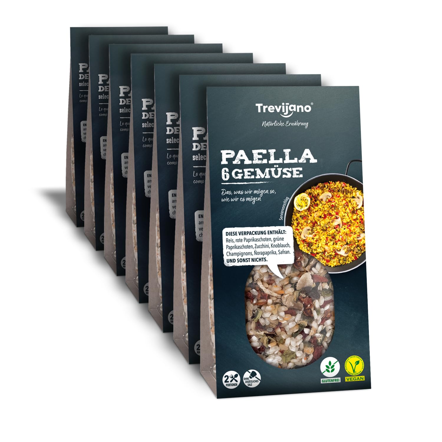 TREVIJANO Pack de 7 bolsas - Paella de Verduras Selección 6 Verduras con Vegetales Deshidratados - 14 Porciones. Producto Apto para Veganos, Sin Gluten, Sin Sal Añadida y Sin Aditivos