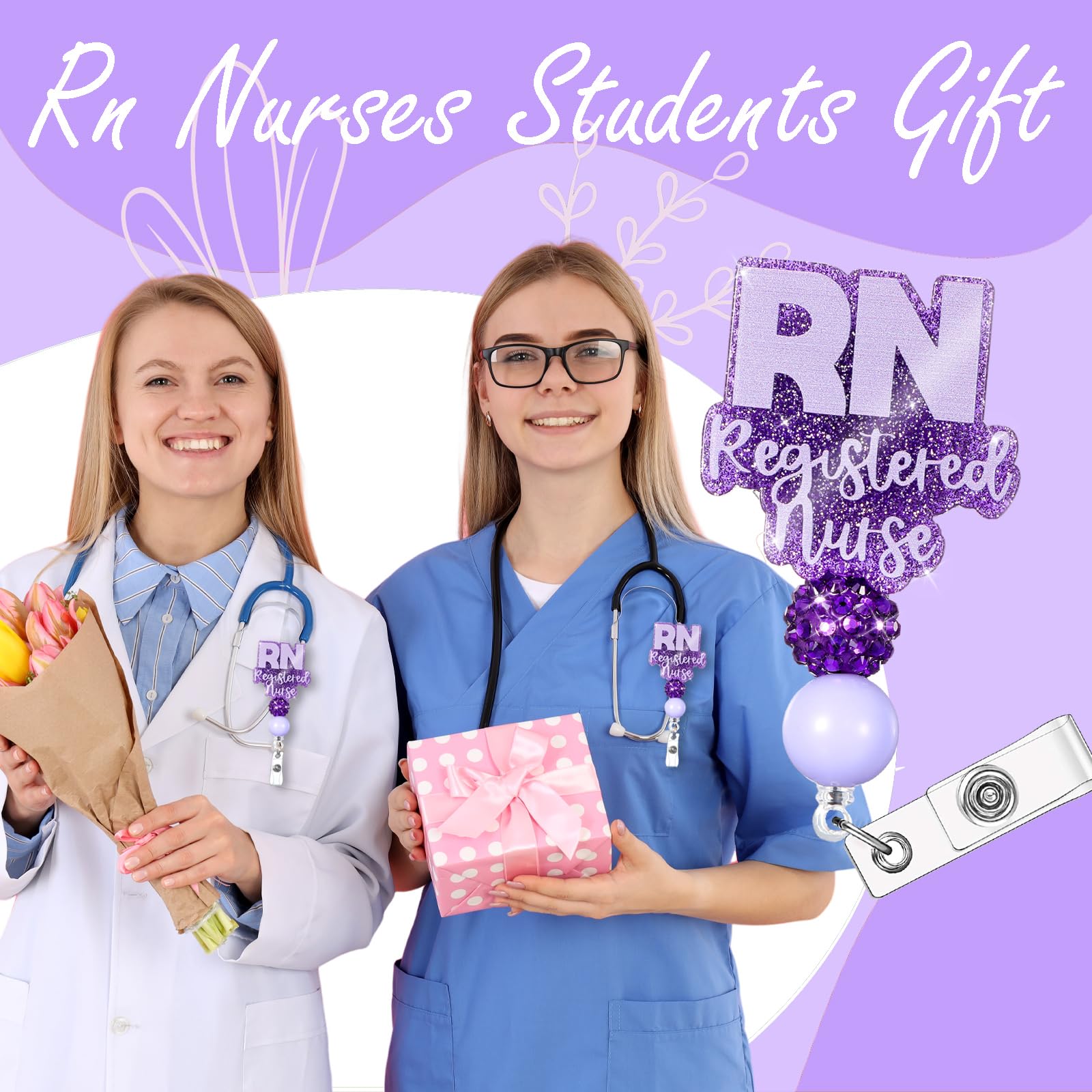 RN Nurse Badge Reel - Purple Retractable ID Holder With Sparkling Design For Nurses & Students