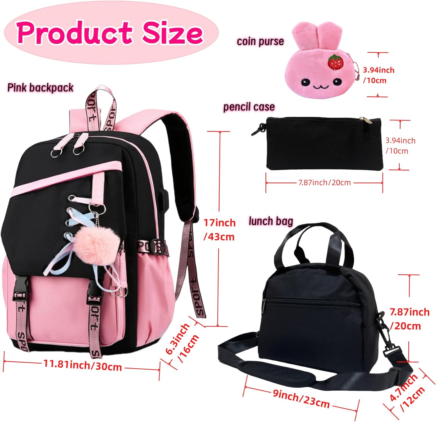 4 Pcs Girls School Backpack Kids Bookbag with Lunch Box and Case,17 Inch Teen Girls Boys Pink Backpacks for Primary Middle School - Image 2