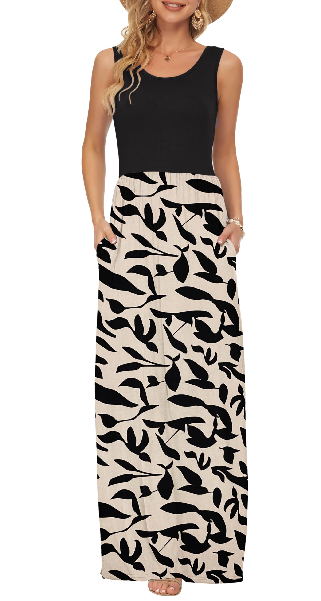AUSELILY Women's Summer Maxi Dress | Sleeveless, pockets, loose, casual, long, breathable material Apricot Black Leaves L
