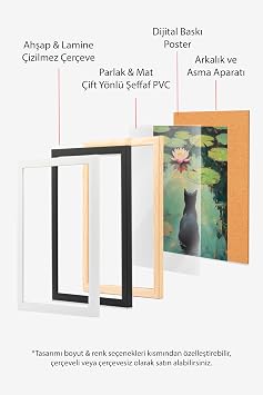 Zestia Beyaz Çerçeveli Tablo, Nilüfer Yaprağında Oturan Kedi, Yansımalı Su Poster No: 107358 30 x 40