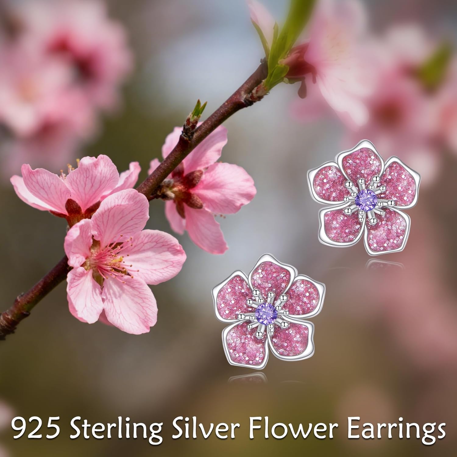 Cherry Blossom Stud Earrings 925 Sterling Silver Pink Flower Earrings for Women Cherry Blossom Jewelry Birthday Gifts for Women Lover Friends