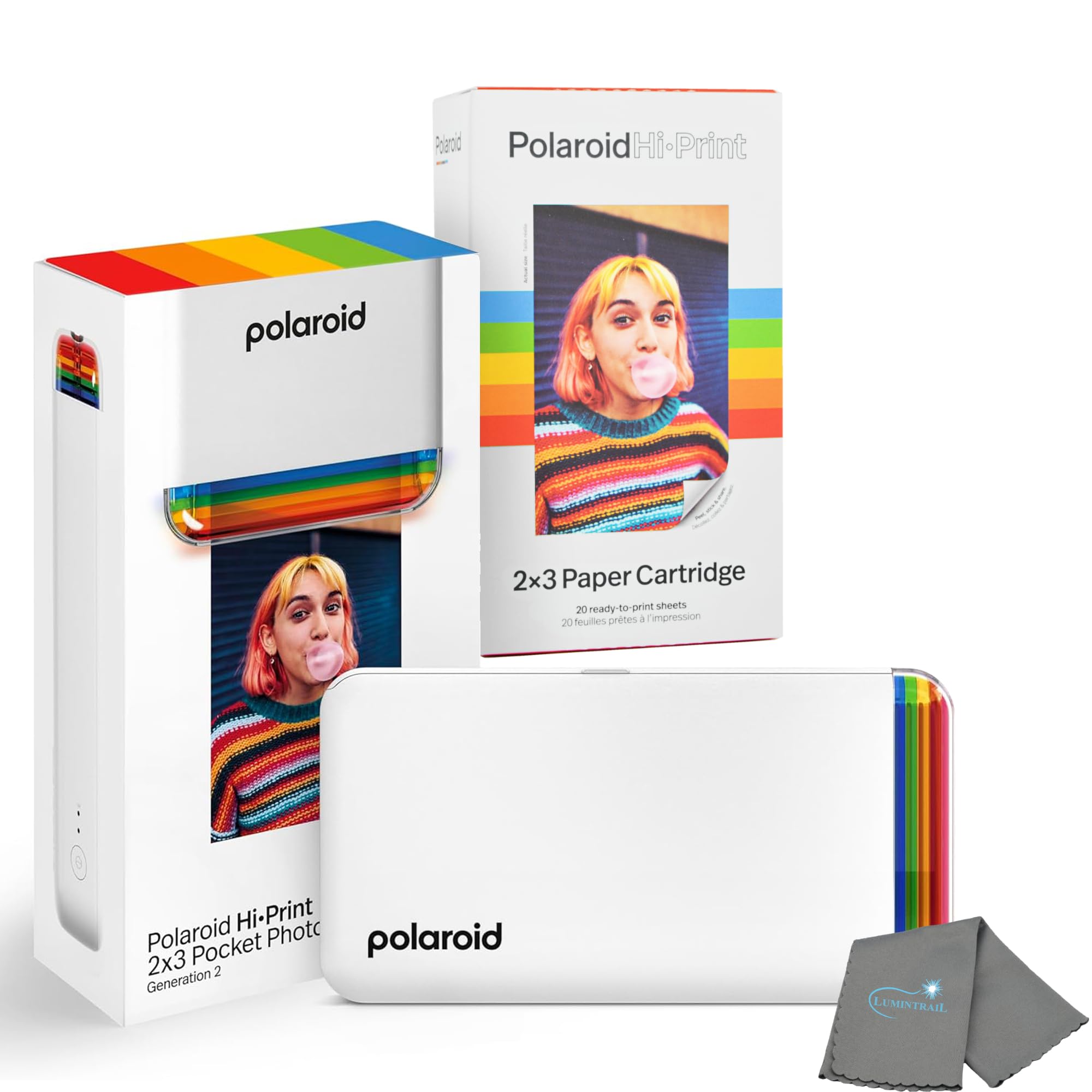 Polaroid Hi Print + 20 Photo Bundle, 2nd Generation Phone Printer, 2x3 Pocket Photo Printer, Portable Bluetooth Photo Printer for iPhone & Android Cleaning Cloth