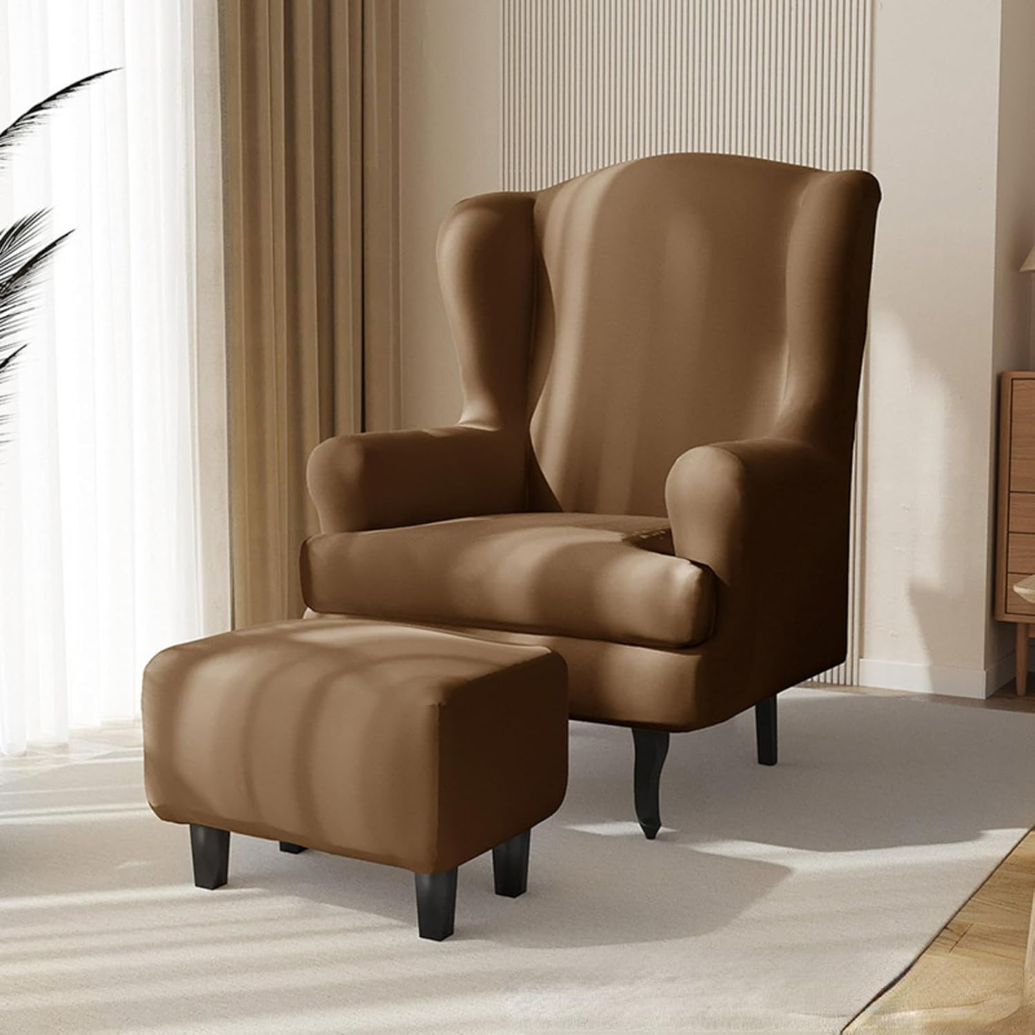 Stretch Wingback Chair Slipcover with Ottoman Slipcover, 2 Piece Wingback Chair Cover Armchair Cover Rectangular Ottoman Cover (Navy Blue)