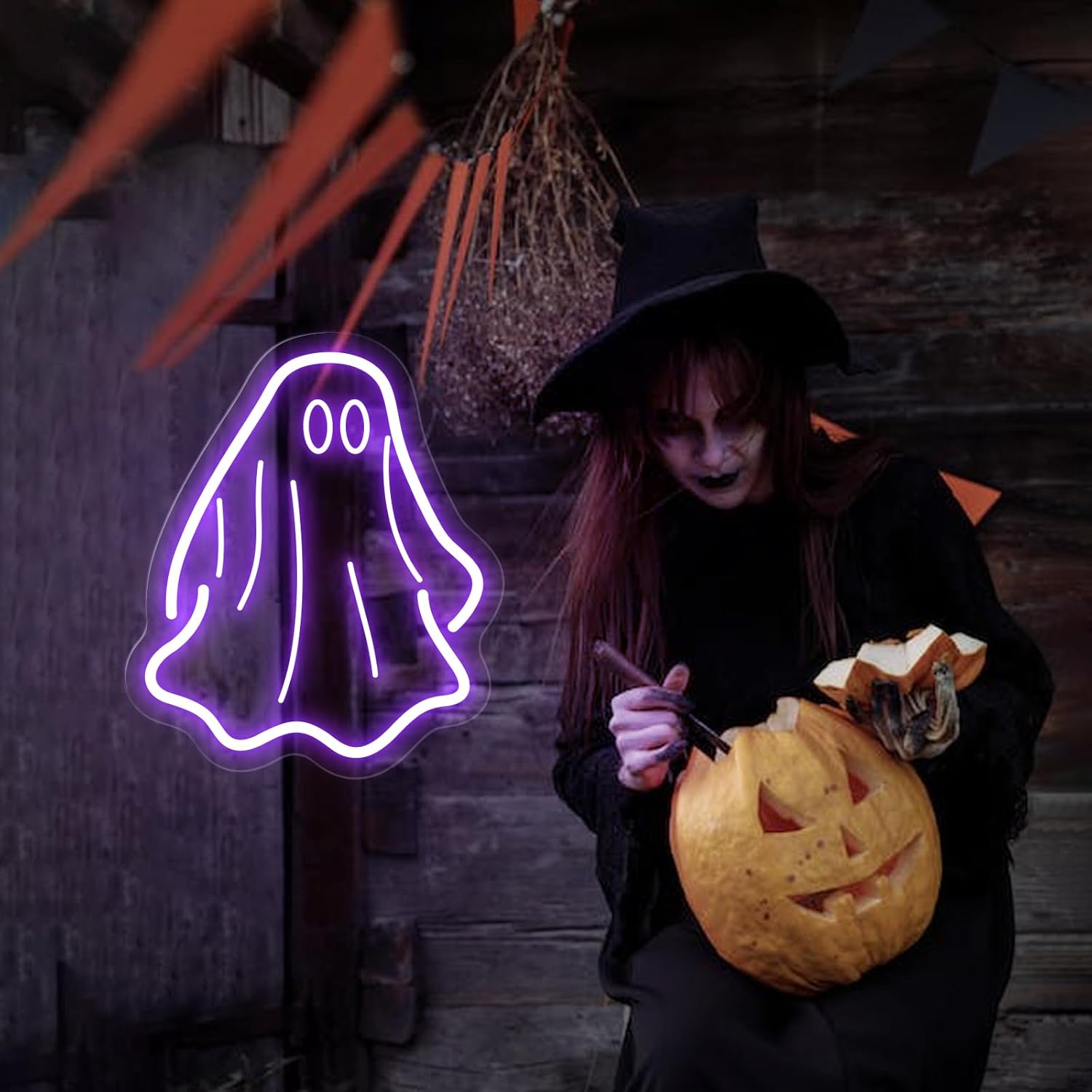 Ghost Neon Signs for Halloween Decorations, 8.3 * 9.8 Inches Led Lights Sign for Outdoor, Dimmable Switch House Decor for Indoor, Halloween Party, Home, Room, INSNEnN