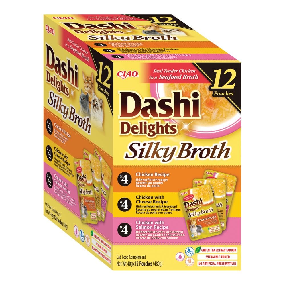 INABA Dashi Delights Silky Broth, Delicati Fiocchi in Brodo per Gatti in 3 Varietà di Pollo - 12 Buste x 40 gr - Snack con Ingredienti Naturali - Cibo Umido per Gatti Complementare