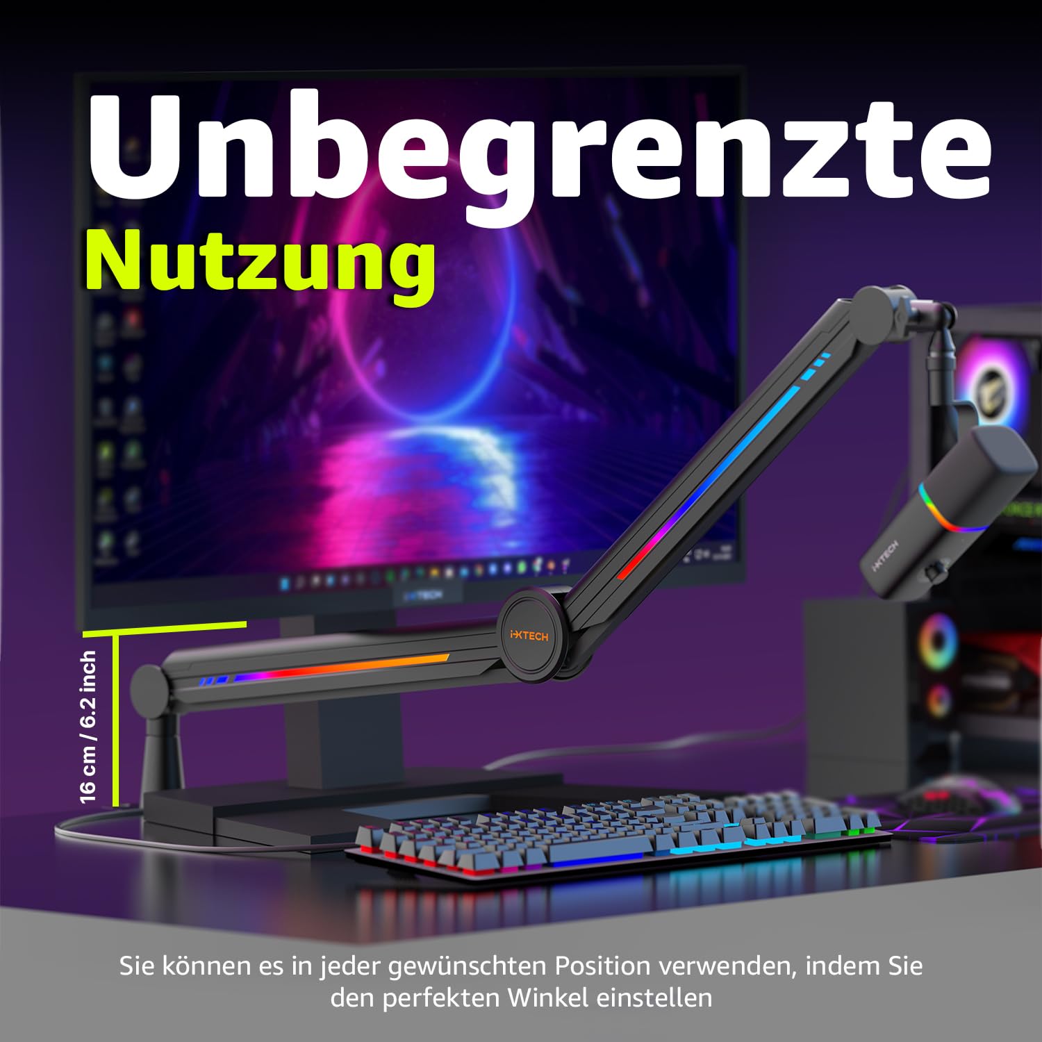 IXTECH RGB Mic Boom Arm High Profile, Overhead Boom Arm Mikrofonständer Schreibtischhalterung, verstellbarer Mikrofonständer mit Tischhalterung, Mikrofonarm für Live-Streaming, Gaming,