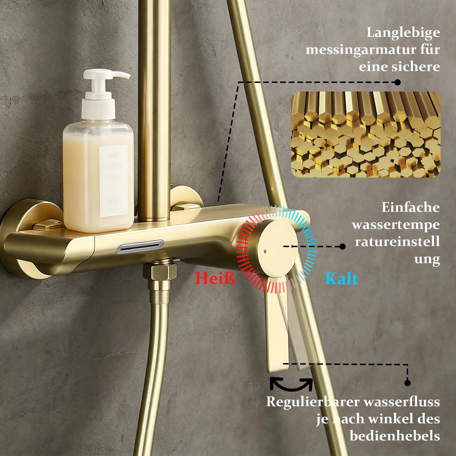 Regendusche mit Armatur Duschsystem Gold mit 3-Funktion Handbrause