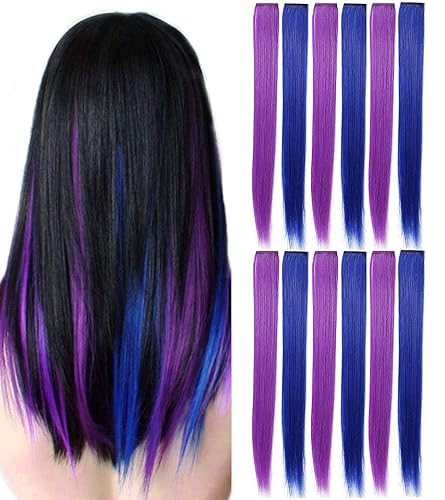12 extensiones de cabello sintético lacio de colores de 22 pulgadas con pinza, para fiestas, para mujeres, niños y niñas, violeta + azul zafiro