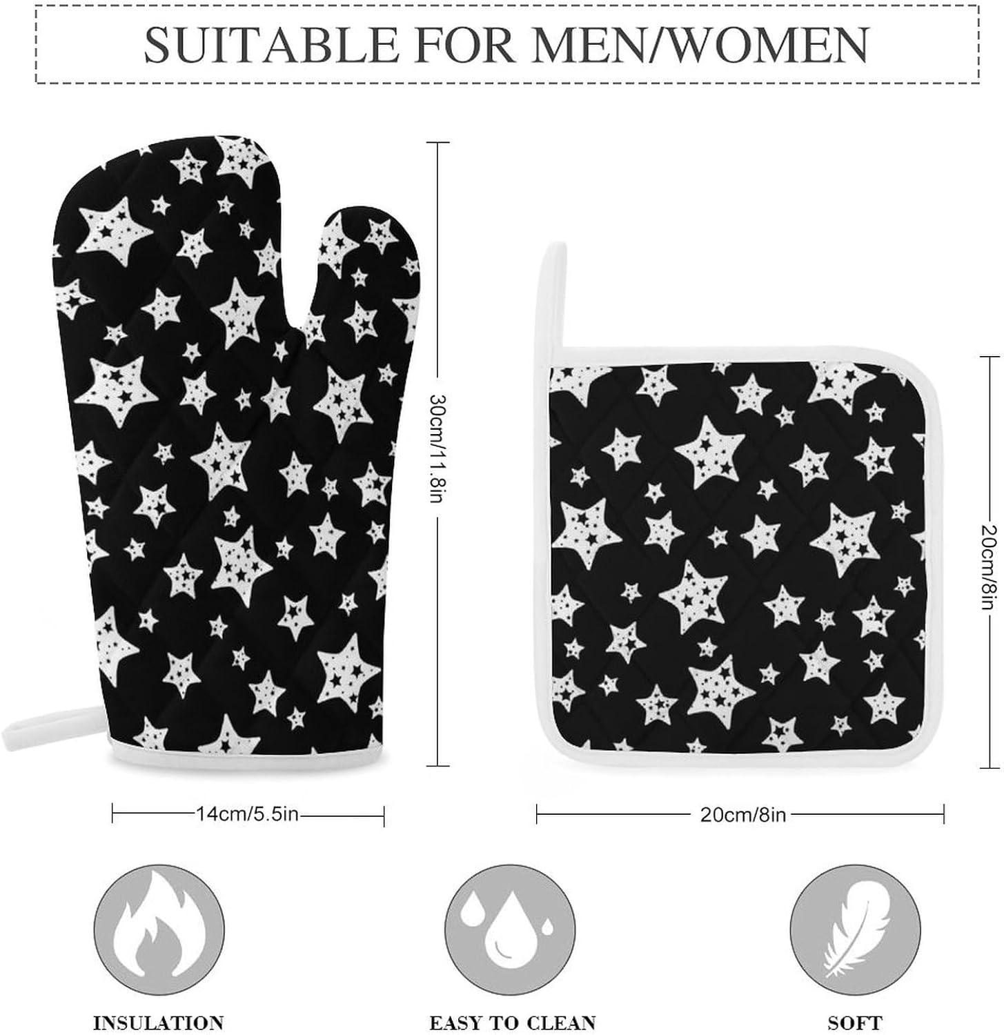 Black and White Star Pattern Print Oven Mitts and Pot Holders 3 Piece Sets Heat Resistant Gloves Hot Pads Potholders for Kitchen Baking Cooking