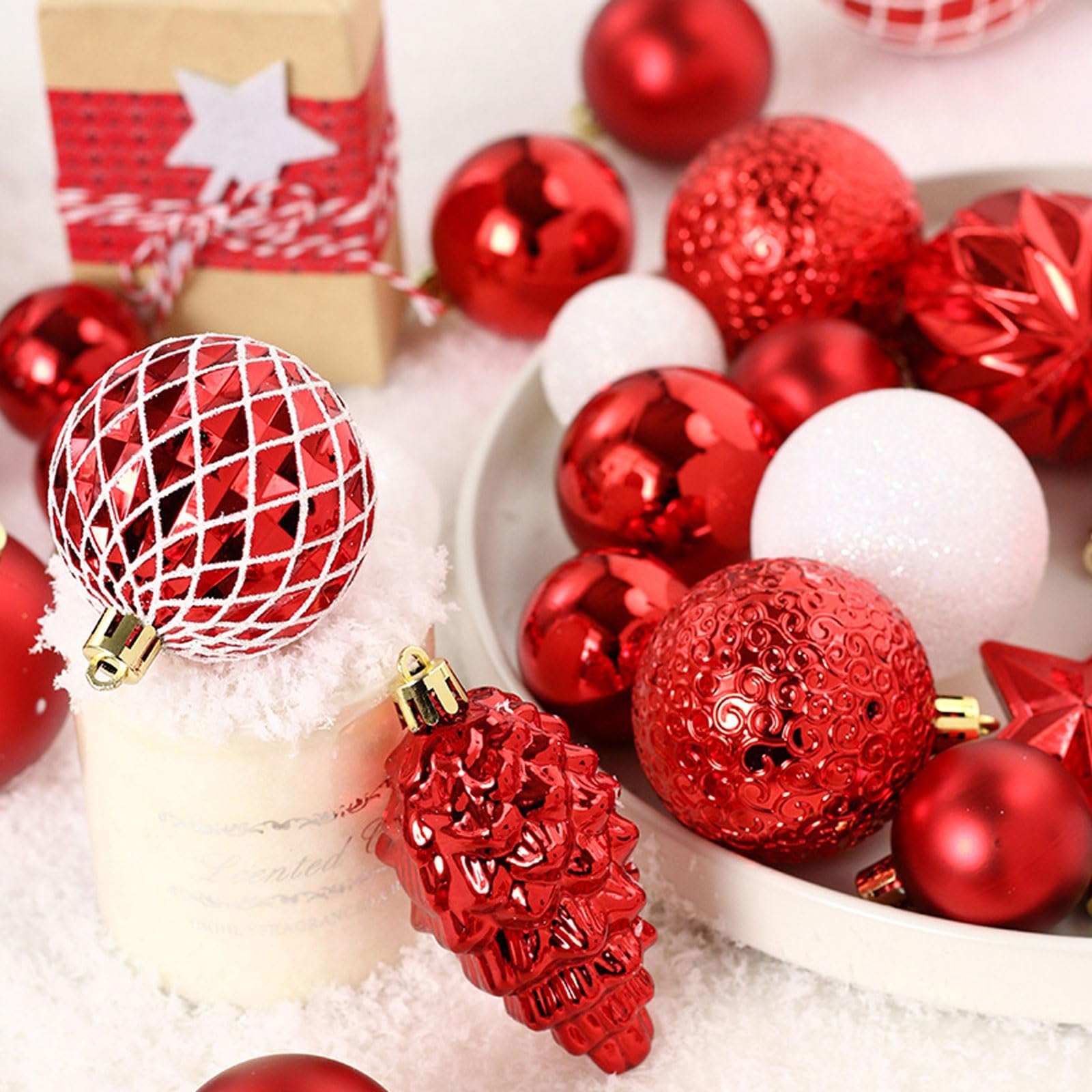 65-teiliges Weihnachtsbaumschmuck-Set, Verschiedene bruchsichere Kunststoffkugeln und „Frohe Weihnachten“-Schilder, dekorative Hängekugeln for Weihnachten(Gold)