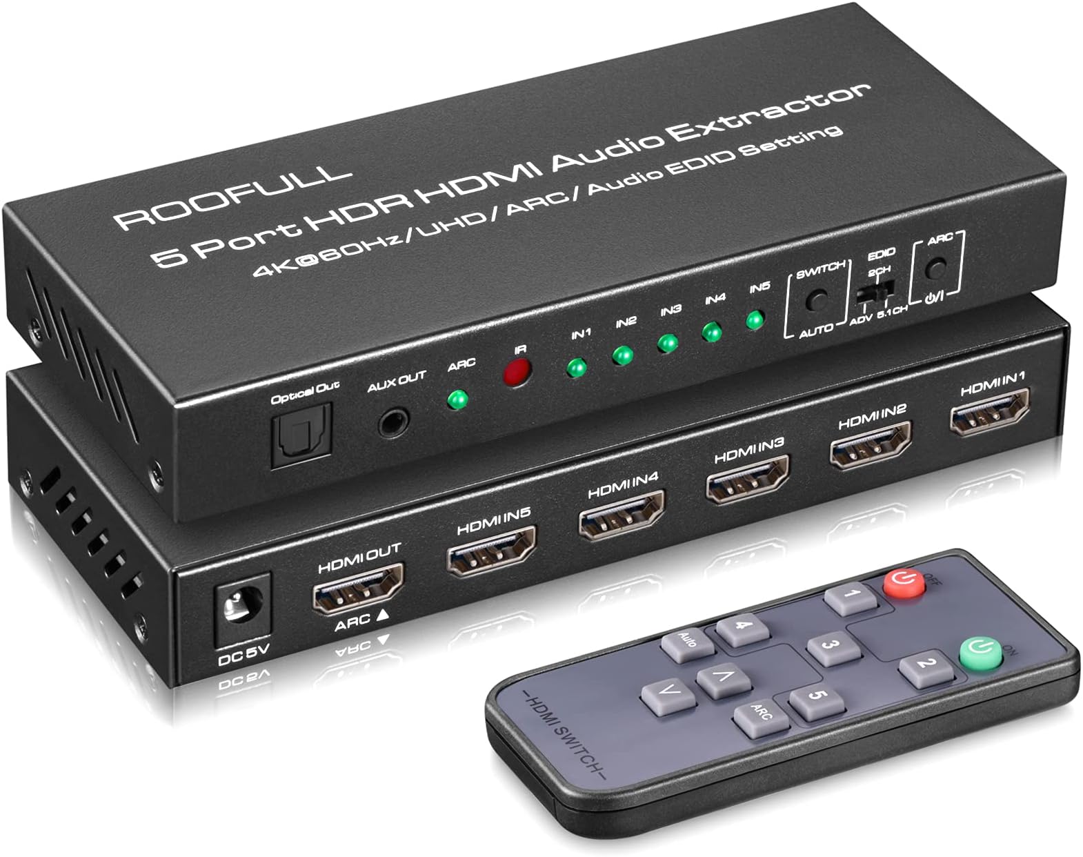ROOFULL 5 Port 4K HDMI Switch with Optical & 3.5mm AUX Audio Out, 5 in 1 Out HDMI 2.0 4K@60Hz HDMI 2.0a Audio Extractor Splitter with Remote, Support ARC, HDR, HDCP 2.2, 18Gbps, Dolby Vision