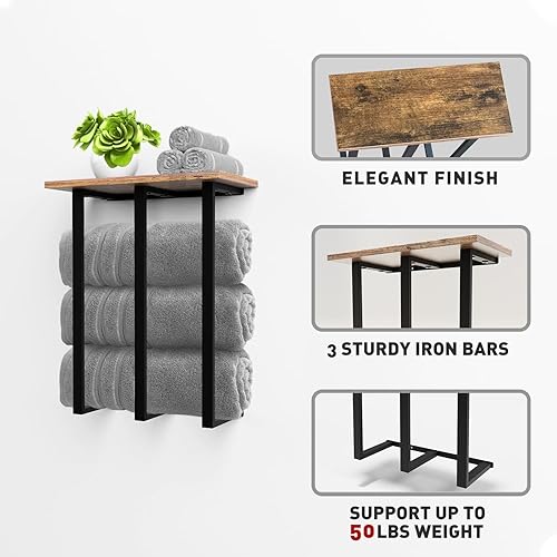 Miniatura 5 de Toallero montado en la pared con estante, hermoso almacenamiento para baño pequeño, organizador ordenado para toallas enrolladas, 3 barras de hierro