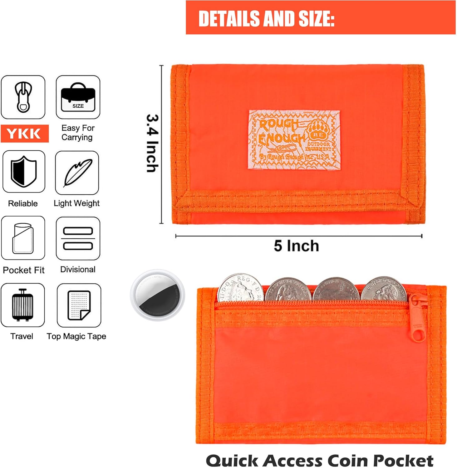Rough Enough Kids Wallet for Boys Teens with Neck Lanyard Keychain Zipper Coin Pocket Card Holder Orange Soft Nylon - Image 5