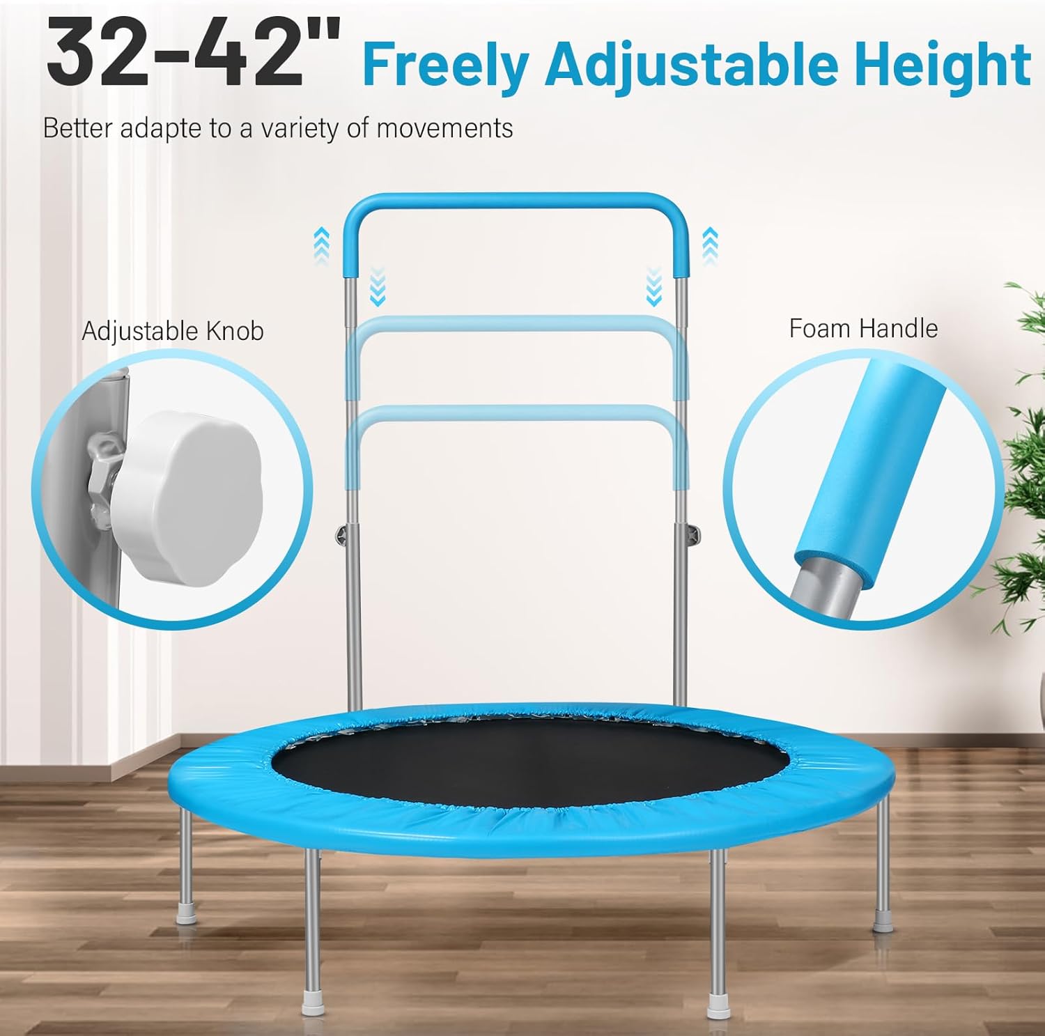 Lyromix 40" / 48" Rebounder Trampoline for Adults with Adjustable Bar, Mini Fitness Trampoline for Adults and Kids, Small Exercise Trampoline with Handle for Indoor Outdoor Workout