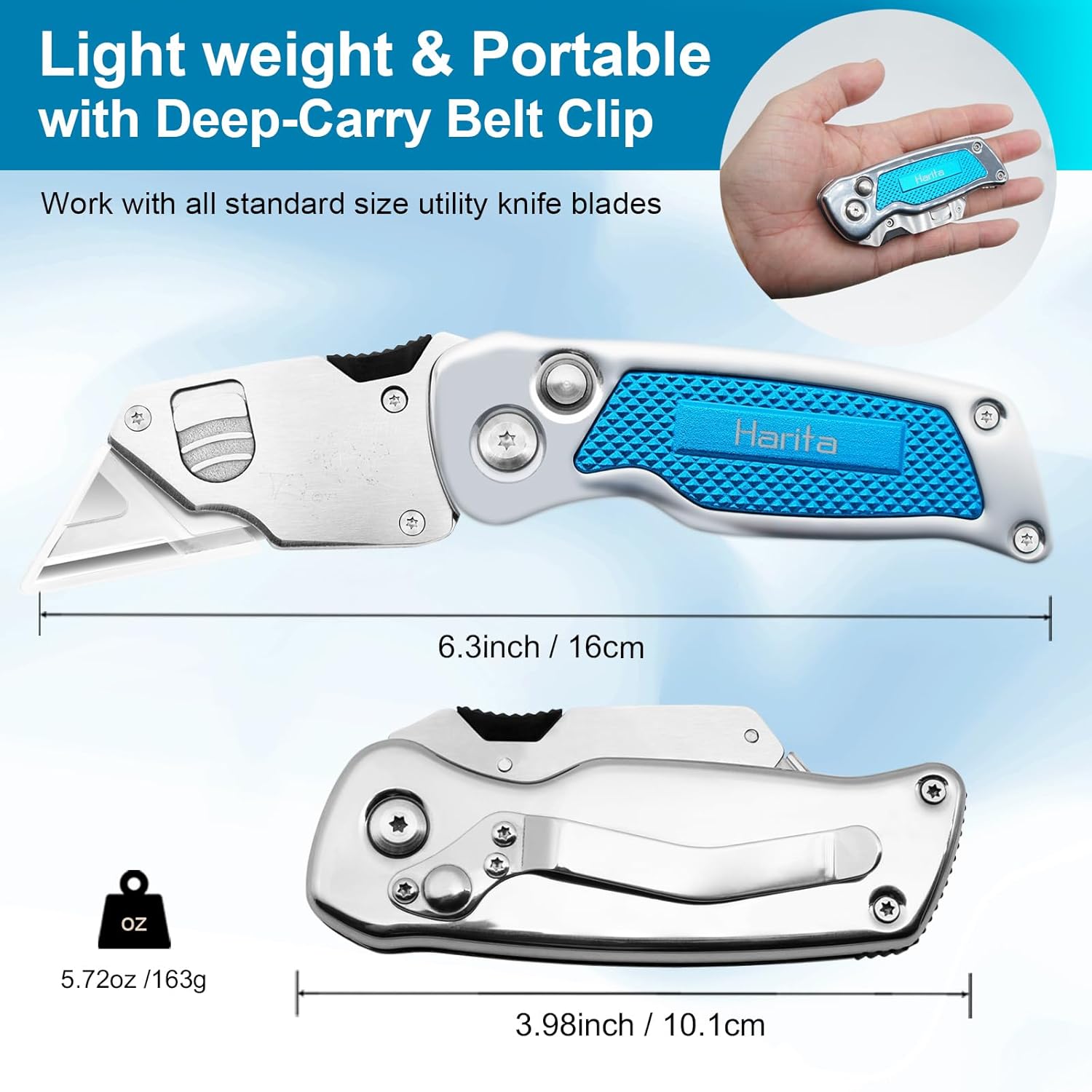 Box Cutter, Utility Knife with Quick Change Blades, Stainless Steel Body, Back-lock Mechanism, Portable Cutter Knife with Clip, Heavy Duty Razor Knife with 5-piece Extra Blades (Blue)