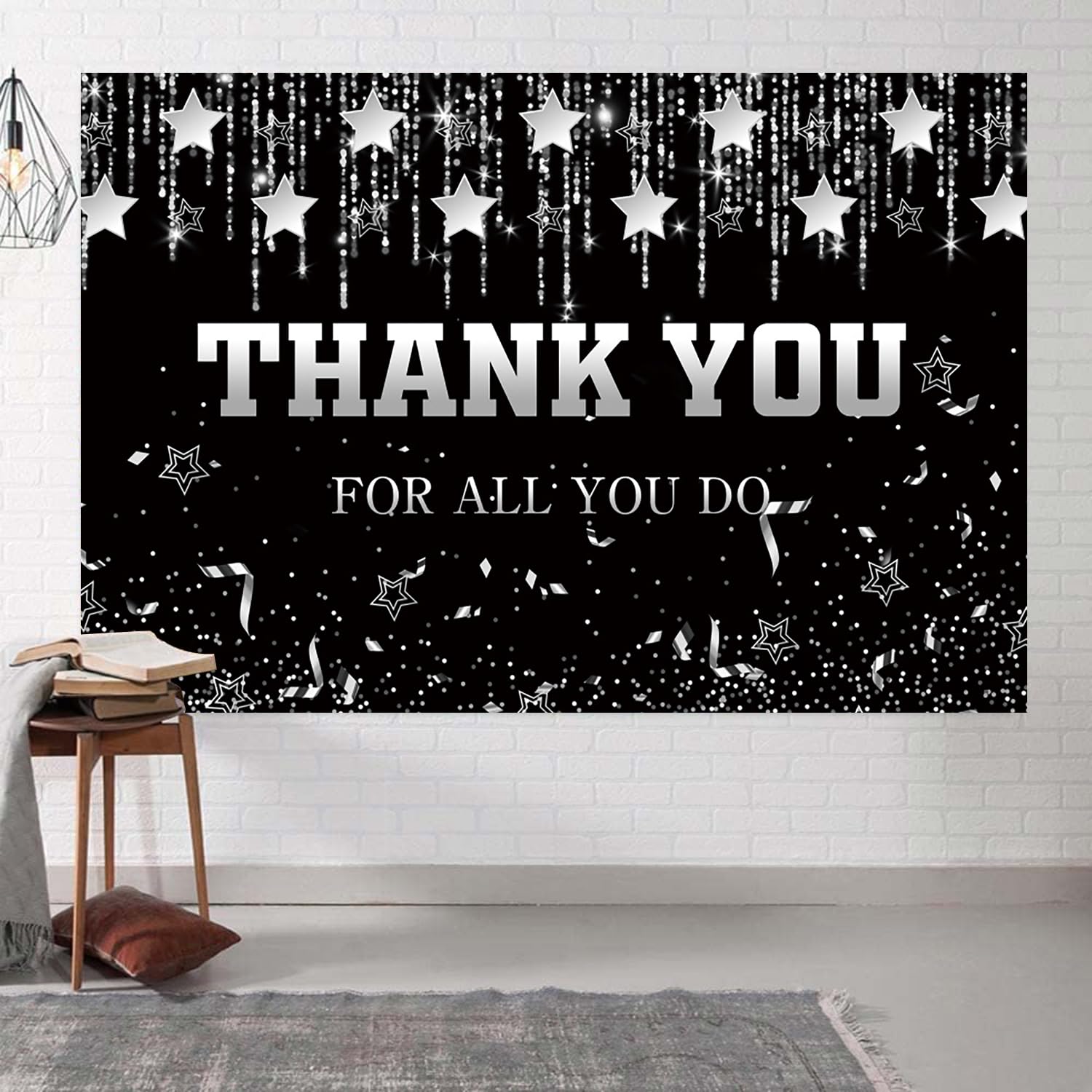 Fondale fotografico con stelle argentate e nere con scritta "Thank You for All You Do", 1,8 x 1,2 m, per personale, insegnanti, medici, pensionamento, decorazioni per studio fotografico