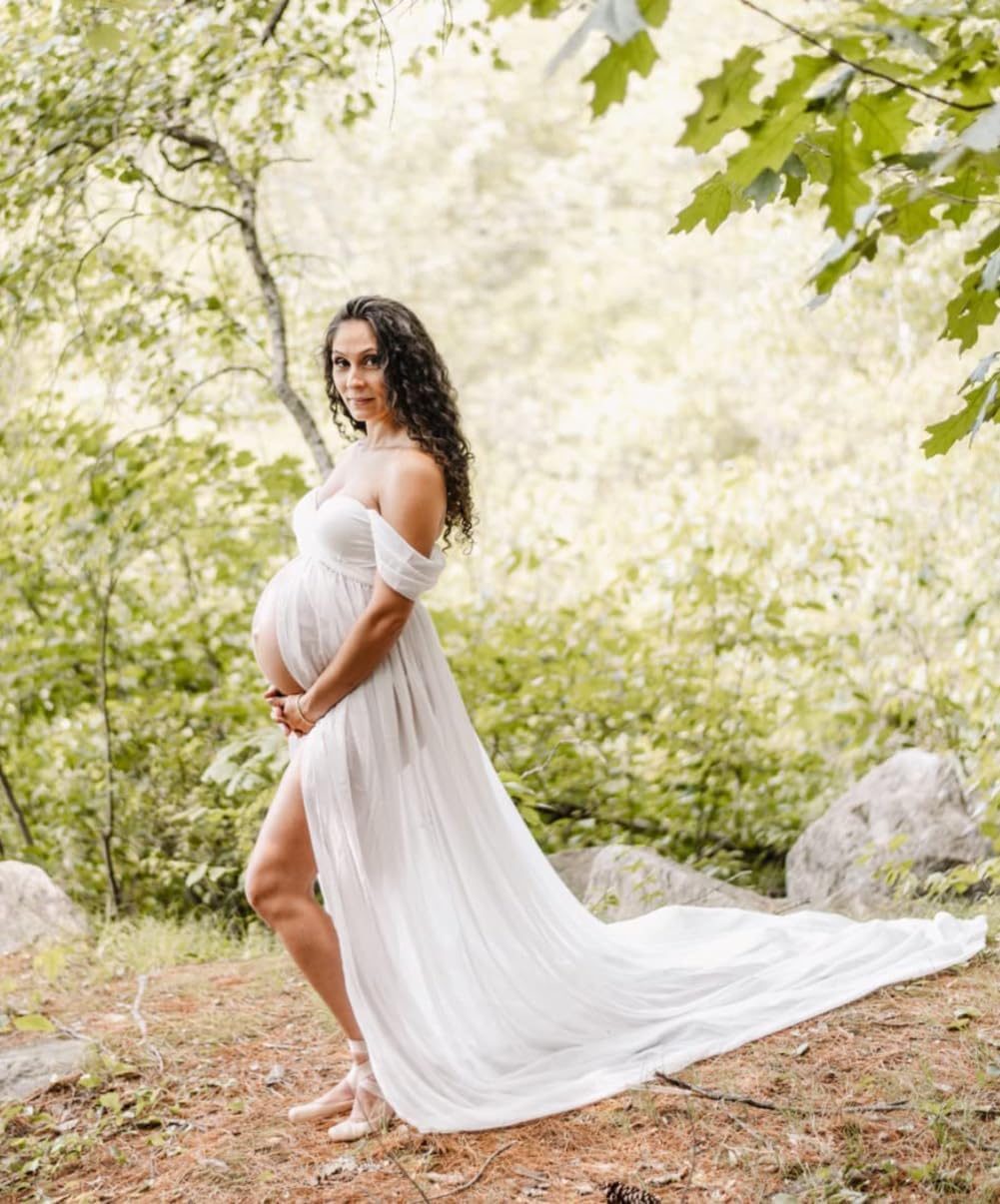 ZIUMUDY Maternity Dress for Photoshoot Photography Split Front Sheer Chiffon Off Shoulder Maternity Gown
