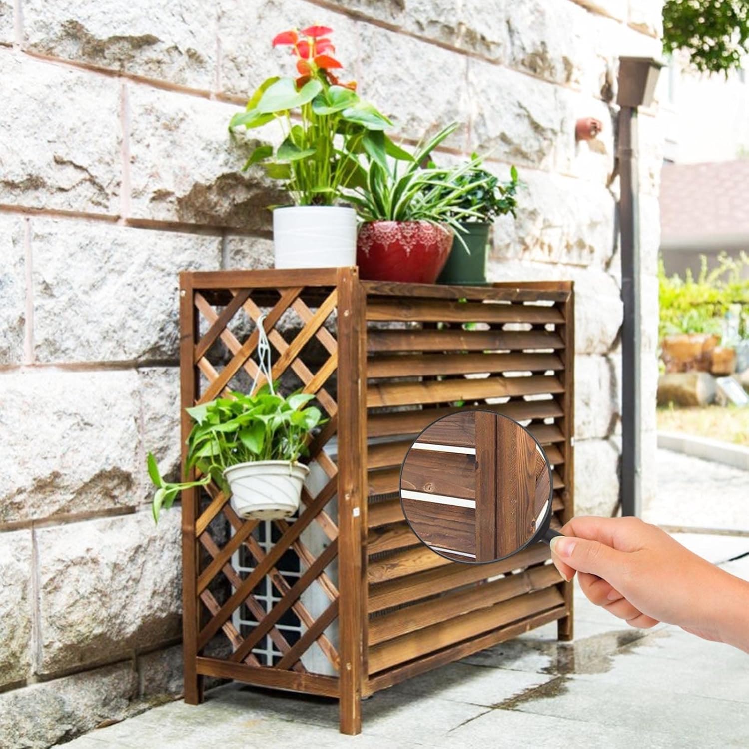 Air Conditioner Cover,Solid Wood Air Conditioning Rack, Wooden Air Conditioner Outer Conditioning Shell Blinds, Outdoor Plant Display Rack Storage Shelf