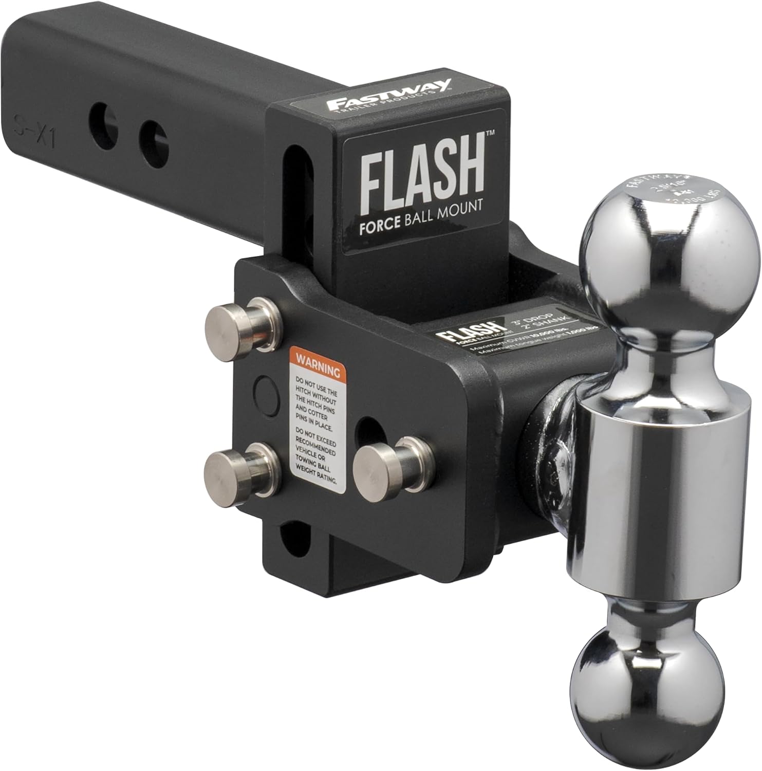 FASTWAY Flash Force Adjustable Steel Ball Mount, Dual Hitch Balls, Quick Height Adjustment, Stowable, for 2" and 2-1/2" Receiver, Heavy Duty (67-00-7675, 7/1/2" Drop, 7-1/2" Rise, 2-1/2" Receiver)
